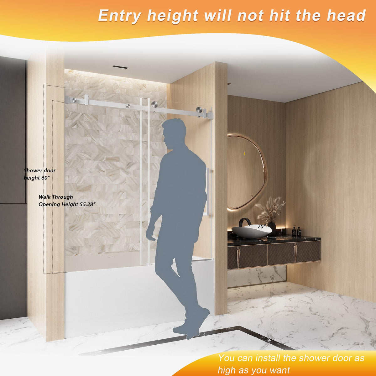 Frameless Shower Door with Anti-Shatter Safety Film and Bottom Water-Blocking Strip, Panel for Bathroom, 60" L x 0.5" W x 60" H, Brushed Nickel