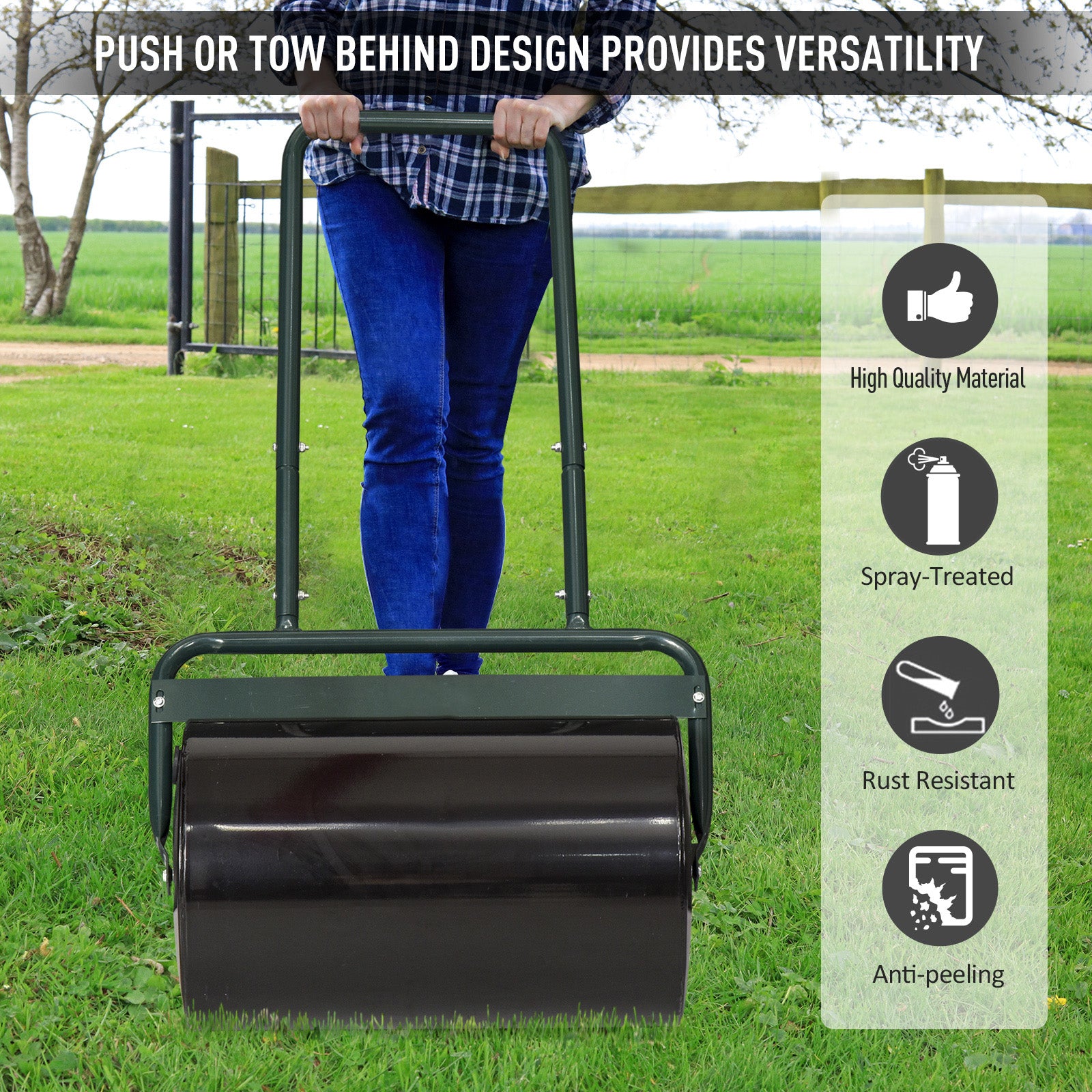20-Inch Push/Tow Behind Lawn Roller Filled with 10 Gal Water or Sand for Flattening Sod in the Garden, Dark Green