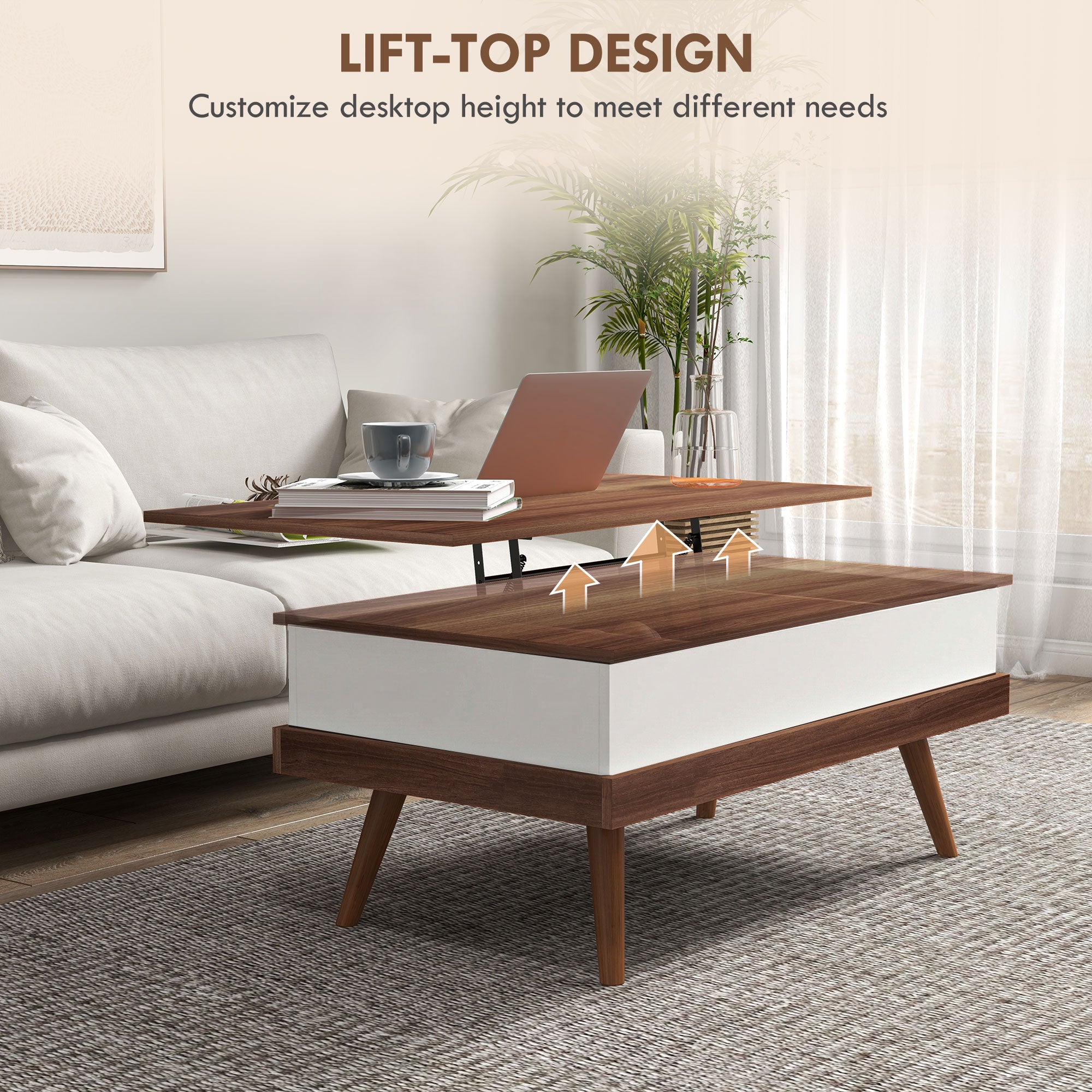Lift Top Coffee Table with Hidden Compartments and Wood Legs, Walnut