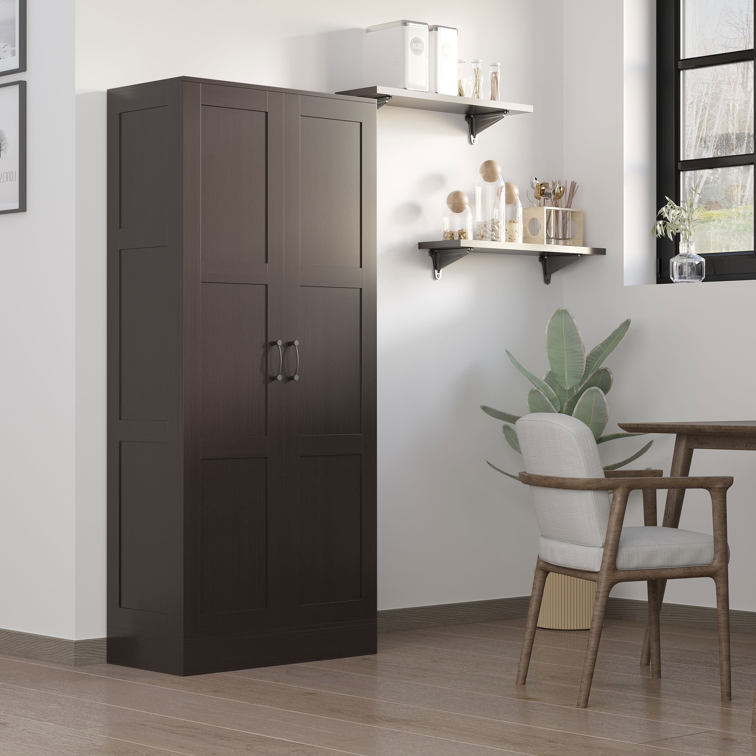 Storage Cabinet w/ Storage Shelves, Pantry Cabinet, Coffee