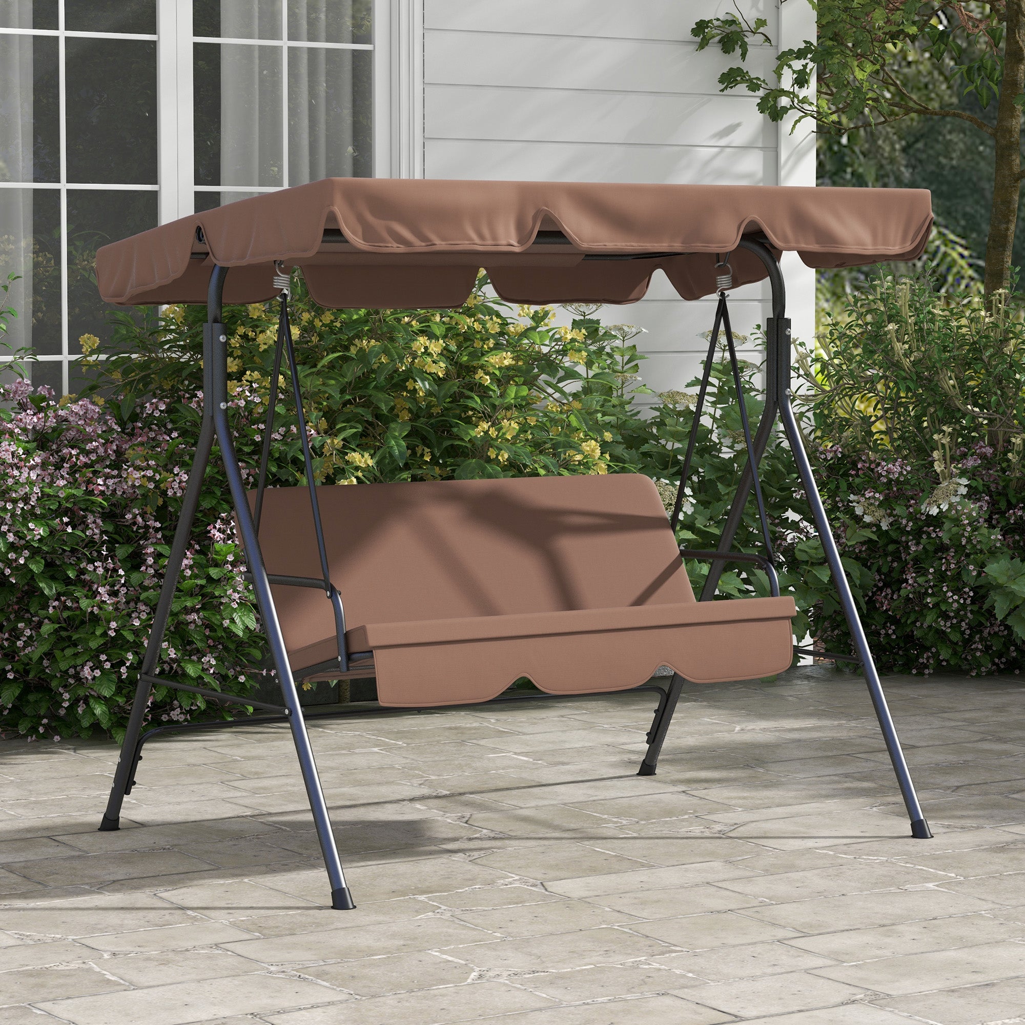 Large Family Swing Set, 3-Seat Adjustable Canopy Swing Bench with Cushion, Steel Frame Stand for Patio, Garden, Family Use, Brown