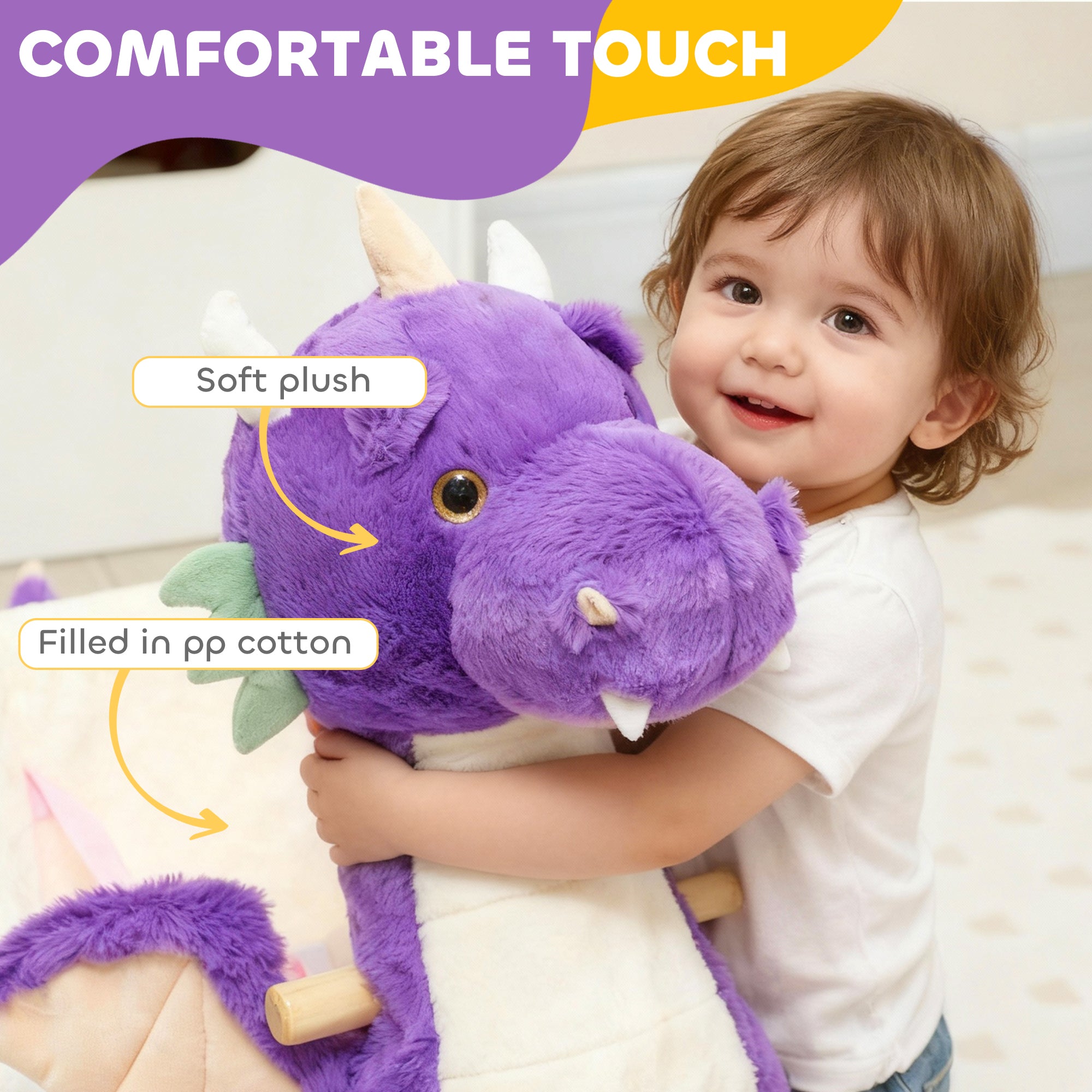Baby Rocking Horse, Kids Ride On Dragon Toy with Realistic Dragon Roar and Safety Belt for Kids 18–36 Months, Purple