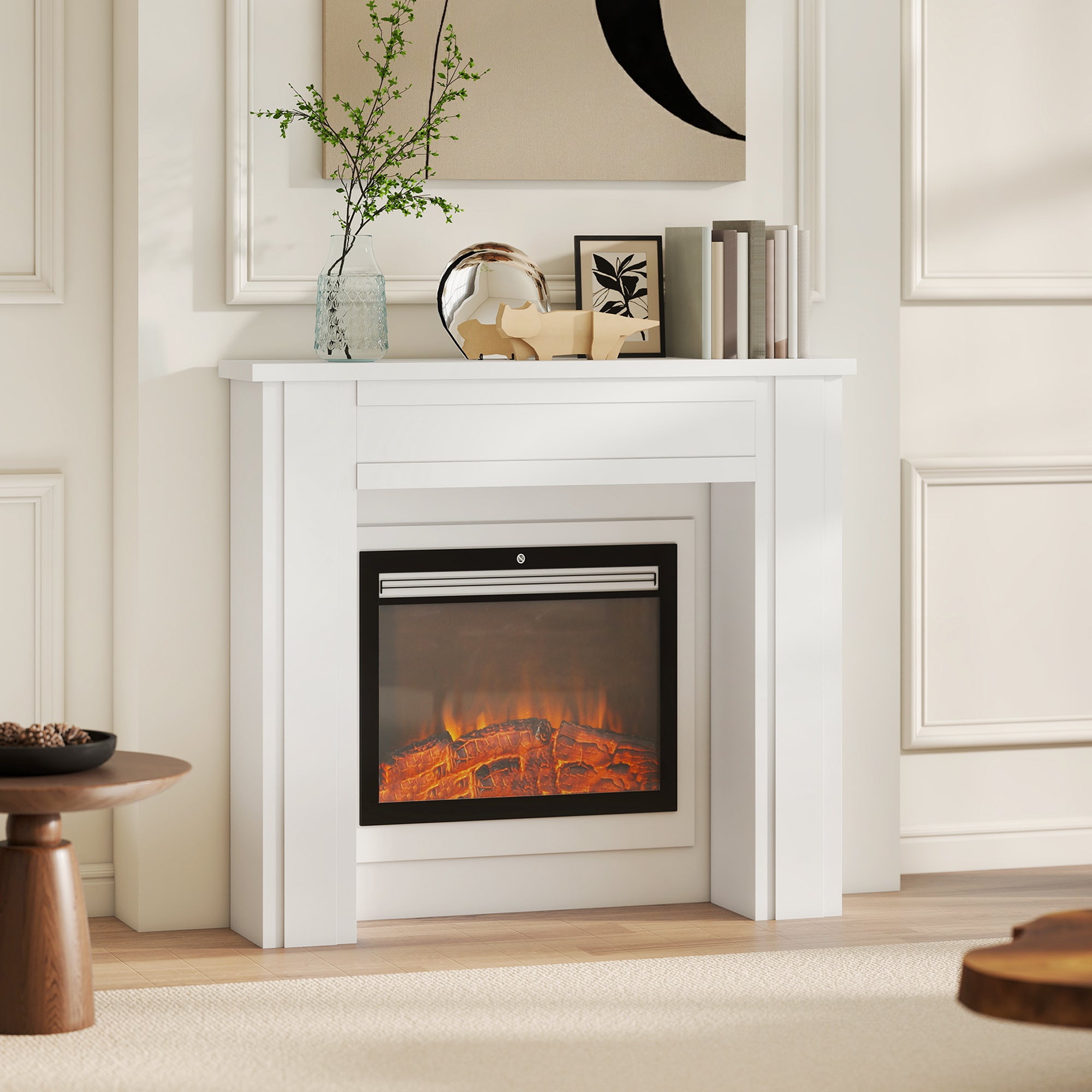 Modern Fireplace Mantel, Freestanding Fireplace Surround with Leg for Electric Fireplaces, 44.7" W x 40" H, White