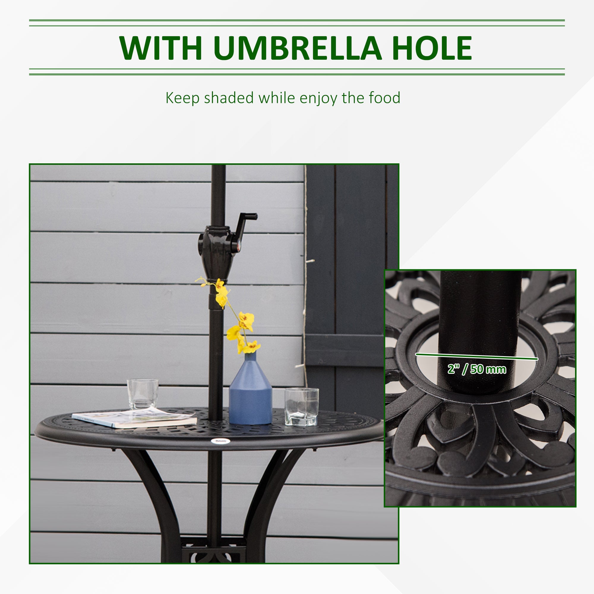 30" Round Patio Dining Table with Umbrella Hole, Antique Cast Aluminum Outdoor Bistro Table Only, Black