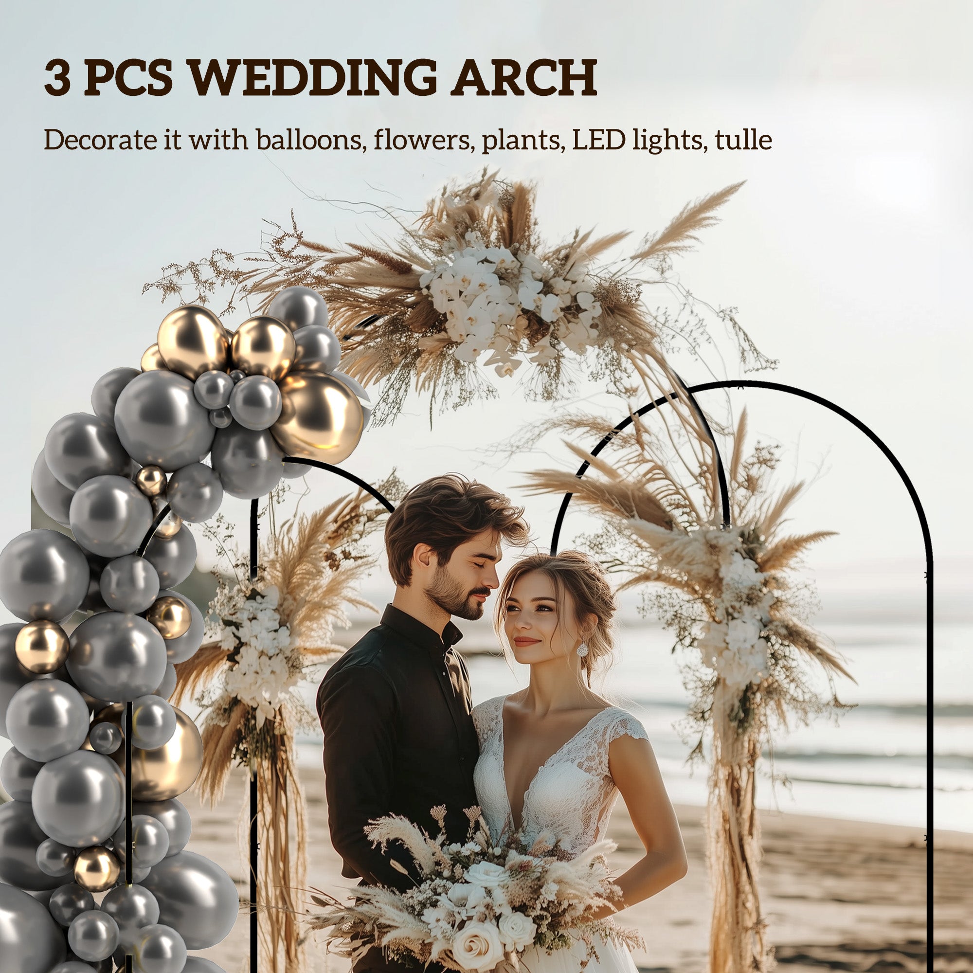 Metal Arch Backdrop Stand Set of 3, 7/6.5/6 ft Wedding Arch Frame, Balloon Backdrop Arch Stand Set for Birthday Party, Bridal Shower, Graduation, Ceremony, Banquet Decorations, Black