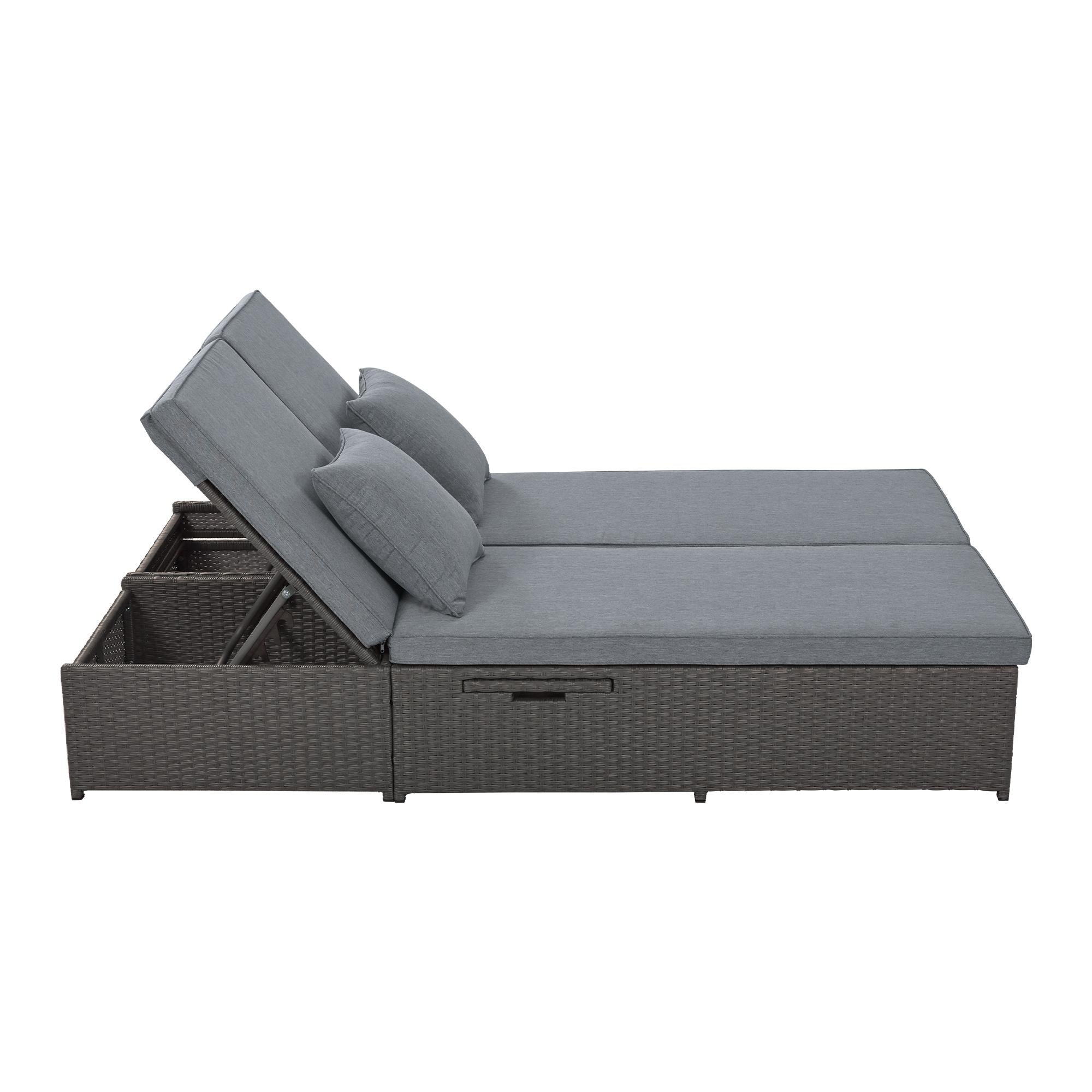 Outdoor Patio Sunbed with Adjustable Backrest & Side Tray, Wicker Rattan Lounger with Thick Cushion, 47" L x 29.5" W x 15" H, Gray