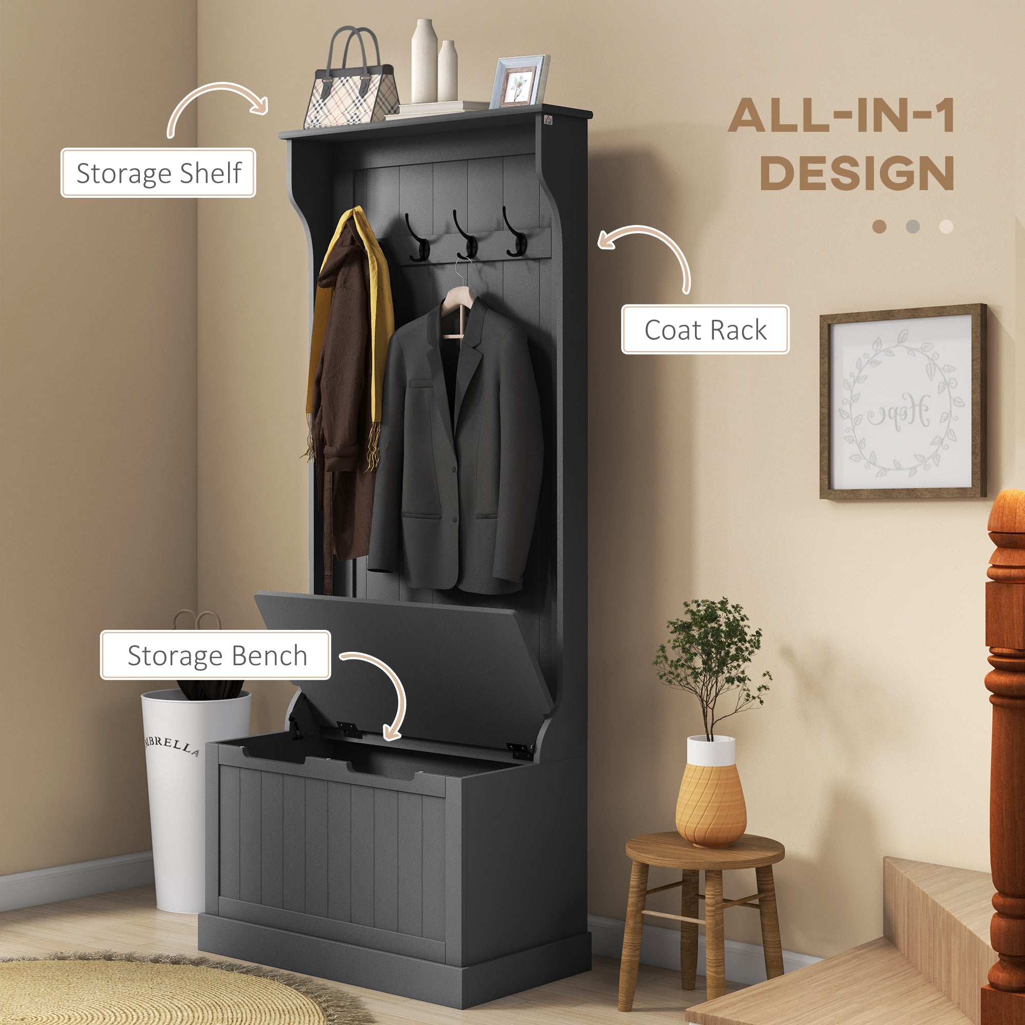Entryway Hall Tree with Coat Rack and Sitting Bench, Mudroom Bench with Storage and Hooks, Black