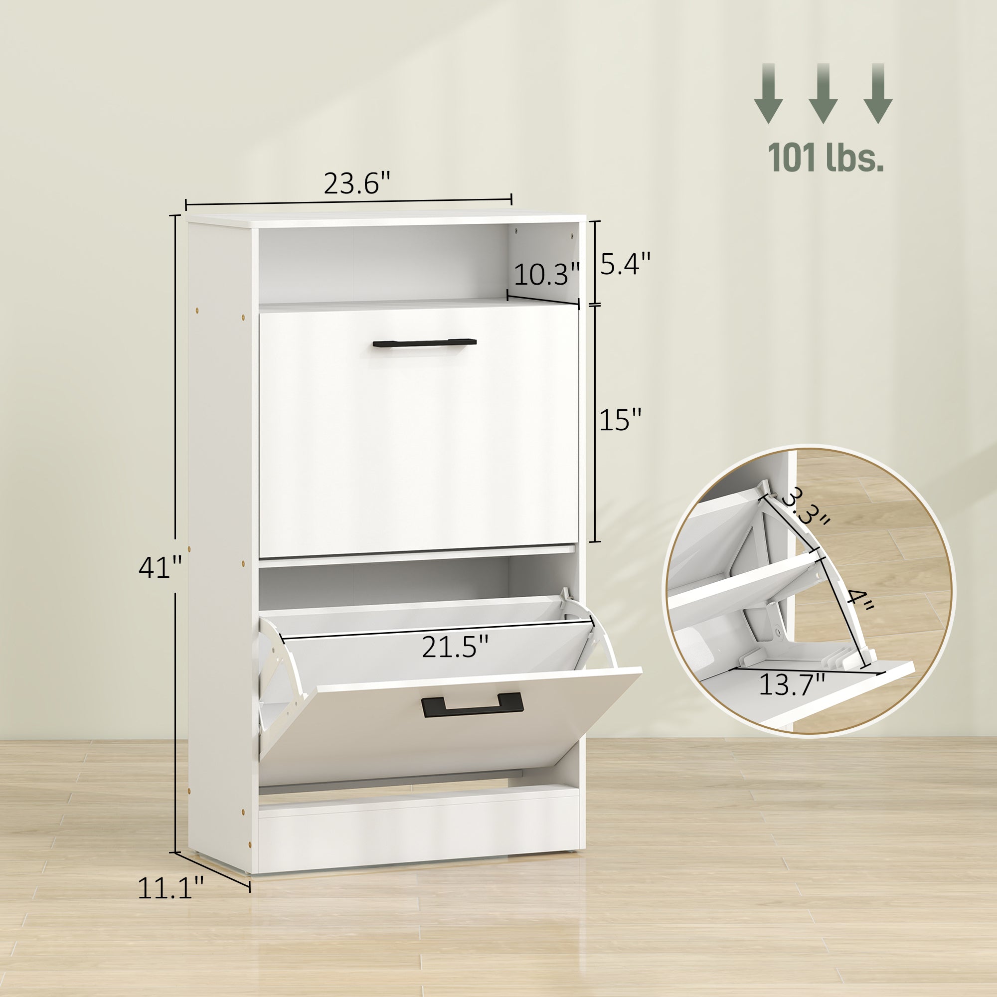 Shoe Cabinet 2 Flip Drawers Adjustable Dividers Shoe Storage Cabinet Top Shelf Entryway White