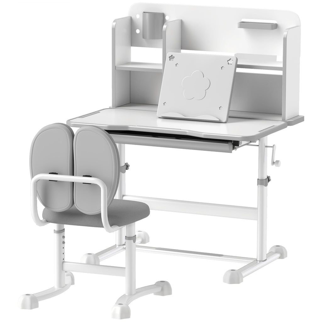 Height Adjustable Kids Desk and Chair Set for Writing Drawing w/ Tilt Desktop, Storage Drawer and Reading Rack, Gray