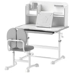 Height Adjustable Kids Desk and Chair Set for Writing Drawing w/ Tilt Desktop, Storage Drawer and Reading Rack, Gray