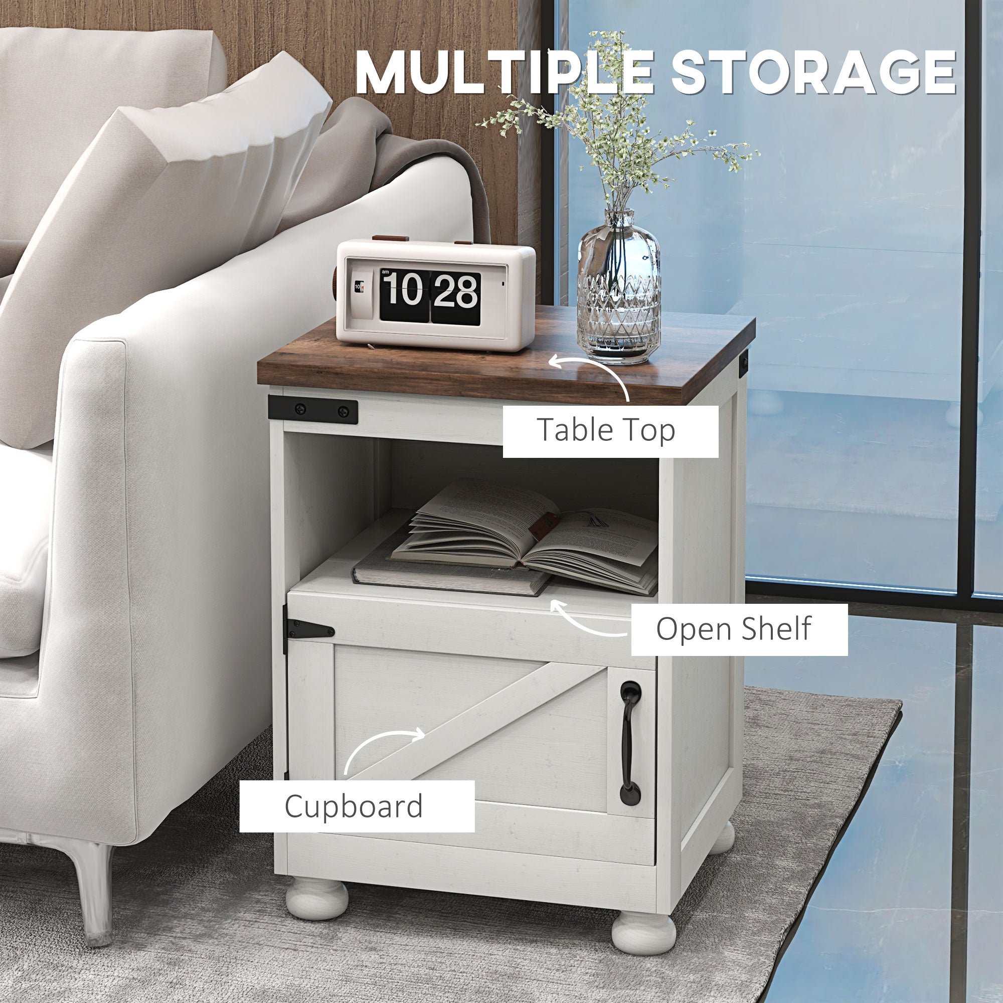 Side Table with Storage, End Table with Open Shelf, Cupboard and Wood Legs, Modern and Farmhouse Style, White