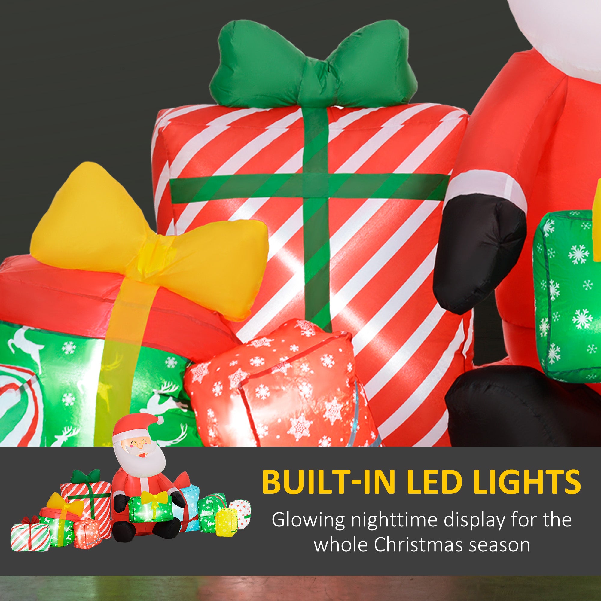 4.4' Inflatable Santa Claus and Gift Boxes w/ White LED Lights, Blow-Up Outdoor Display for Party