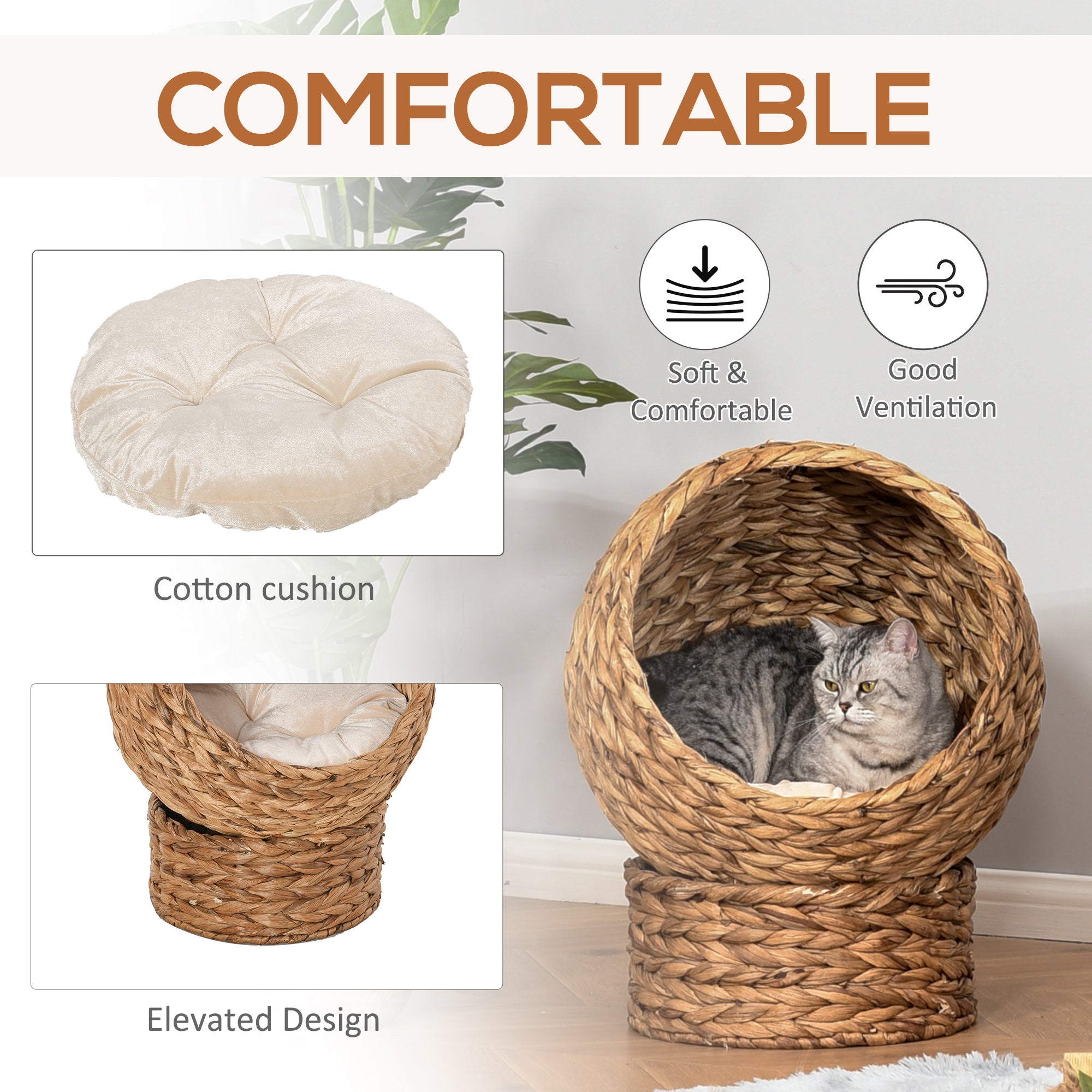 20" Natural Braided Banana Leaf Elevated Cat Bed Basket with Cushion - Brown