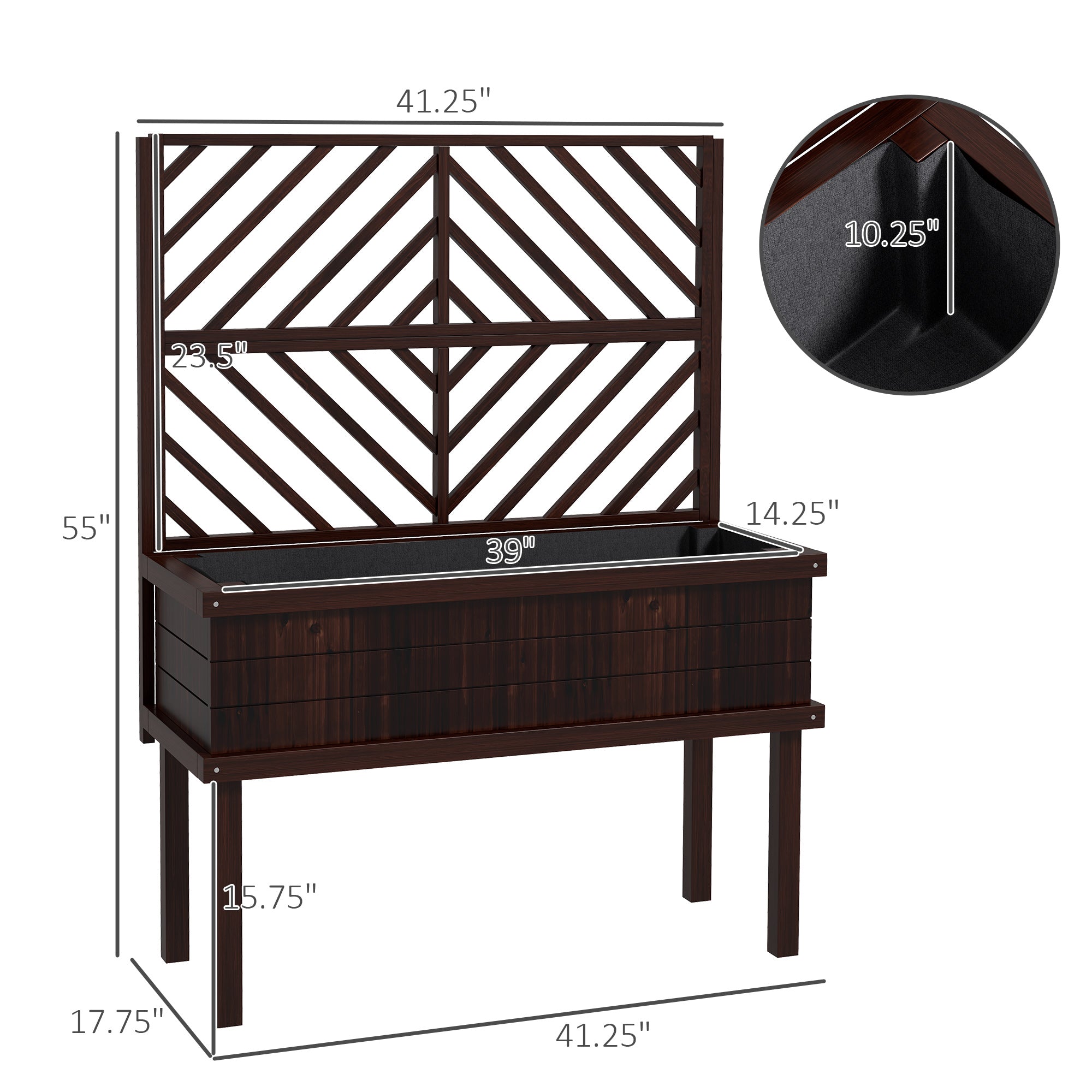 Elevated Wood Planter with Trellis for Climbing Plants, Raised Garden Bed with Legs and Drainage Holes, Carbonized