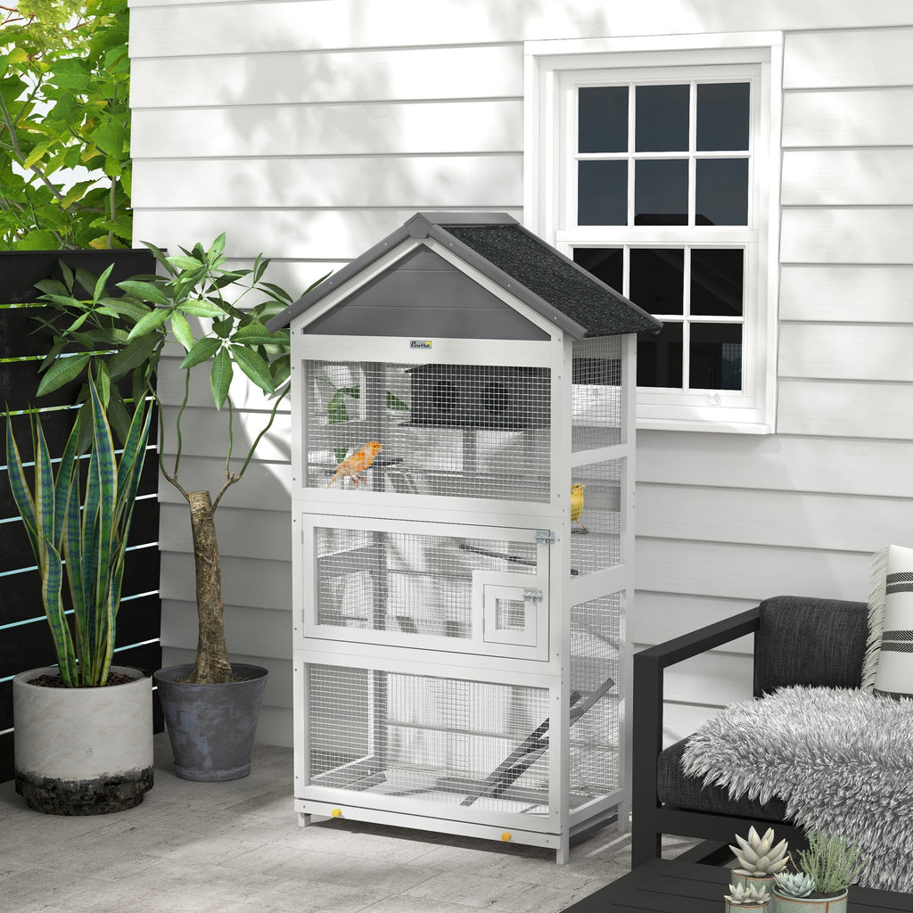 Wooden Bird Aviary with Slide-Out Tray, Birdhouse, Ladder, Perches for Finches, Parakeets, Gray