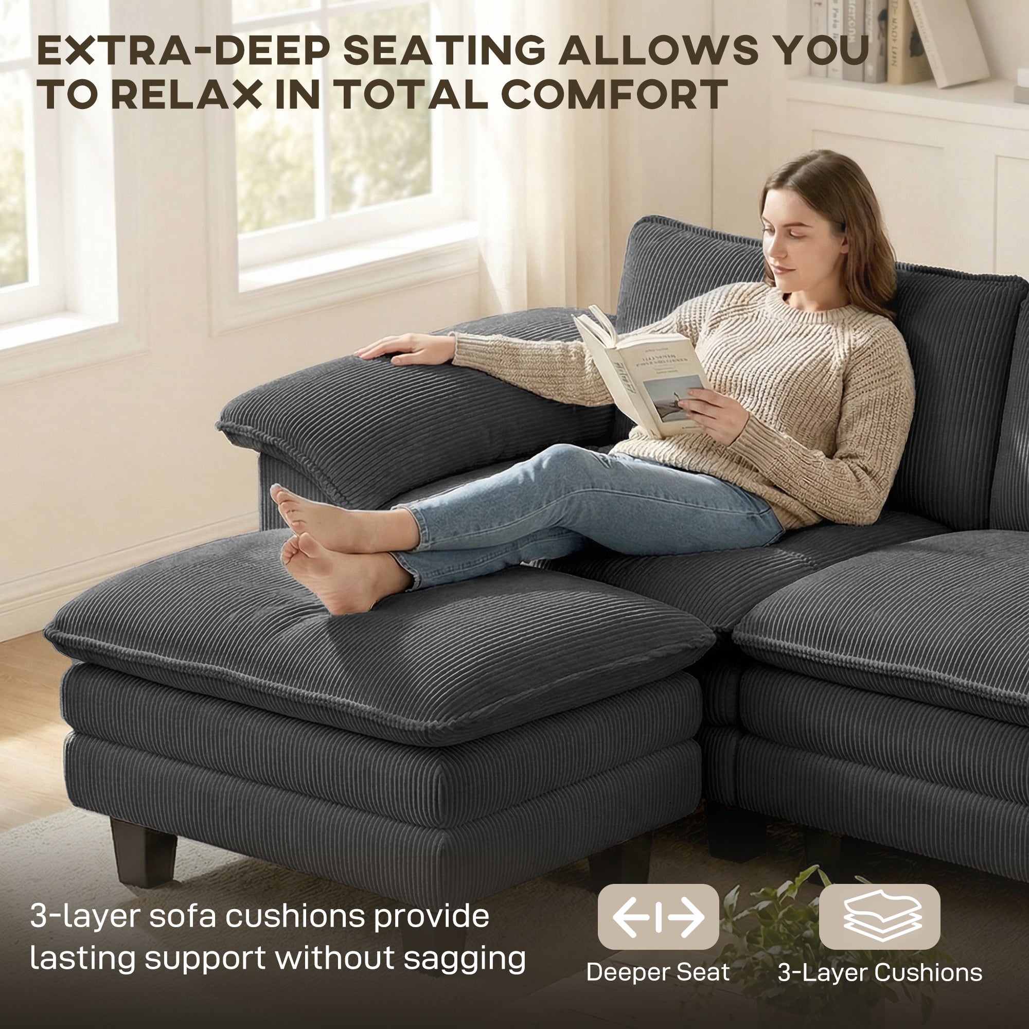 Sectional Sofa, L Shaped Couch with Deep Seat, Movable Ottoman and Pillow-top Armrests, Dark Gray