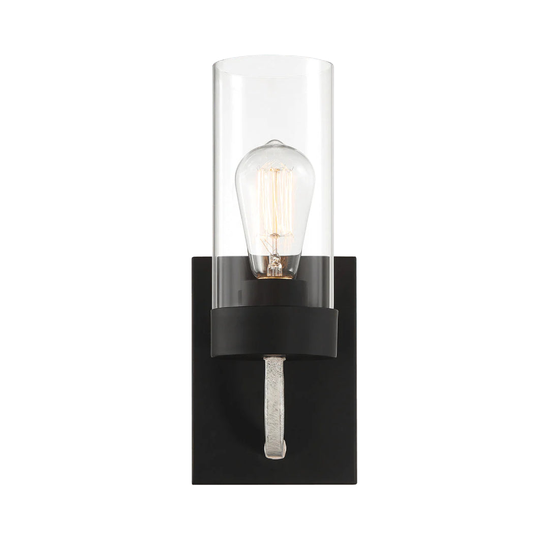 Zephyr Single Light Sconce with Clear Glass, Metal Finish, Modern Elegance 5" L x 6" W x 12" H, Black+Clear