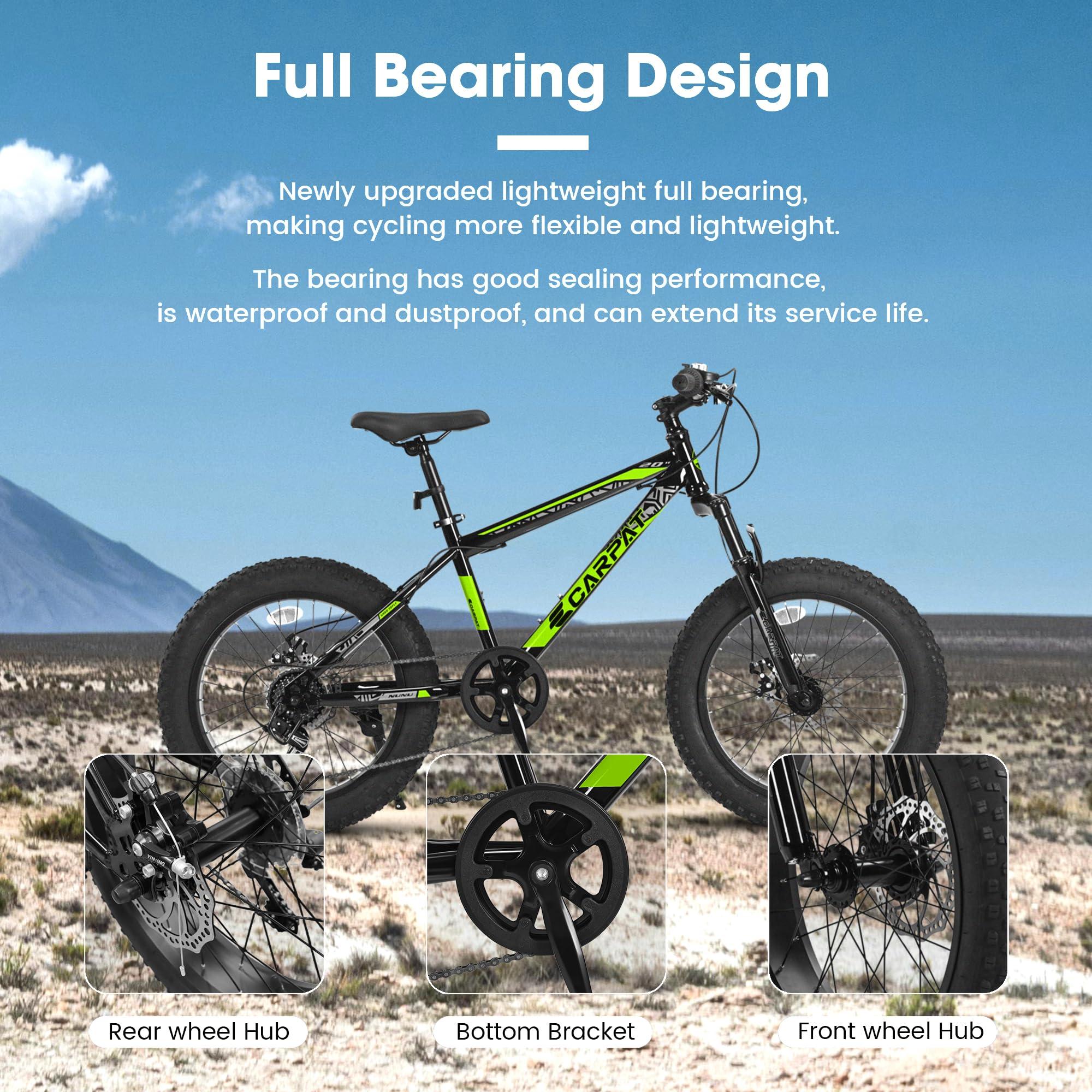 20" Kids' Fat Tire Mountain Bike with 7-Speed Drivetrain, and Shock-Absorbing Front Fork, for Ages 8-12, 63" L x 24.5" W x 35" H, Blackish Green