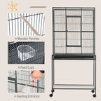 30" Rolling Metal Bird Cage Feeder with Detachable Rolling Stand, Storage Shelf, Wood Perch & Food Container