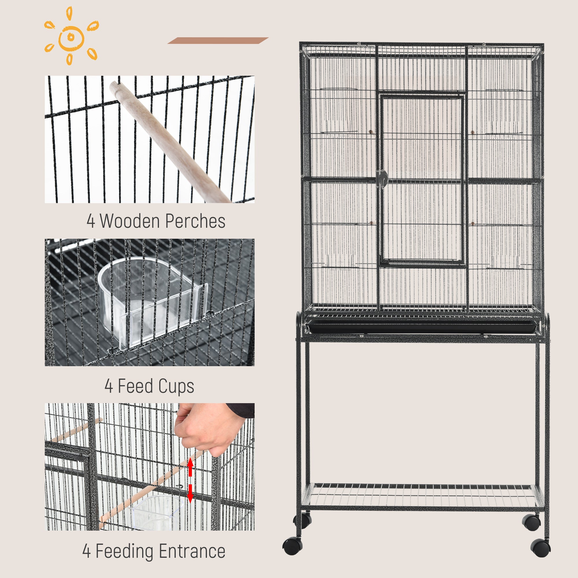 30" Rolling Metal Bird Cage Feeder with Detachable Rolling Stand, Storage Shelf, Wood Perch & Food Container