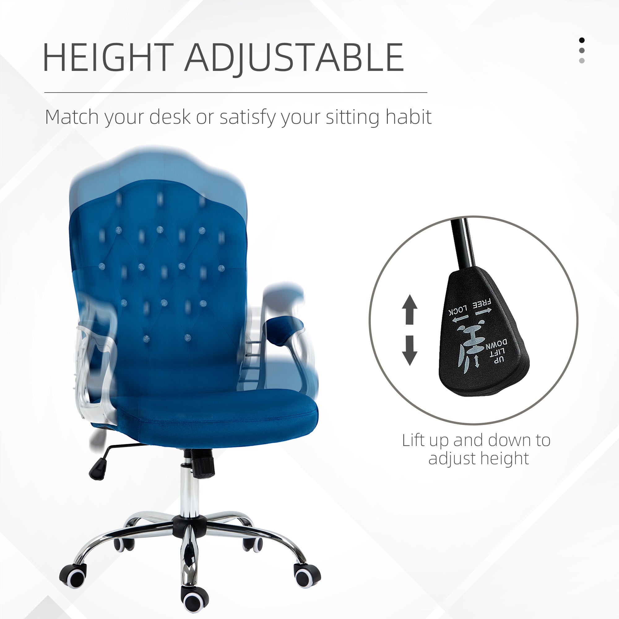 Velvet Office Chair Desk Chair with 360 Degree Swivel Wheels Adjustable Height Tilt Function Blue