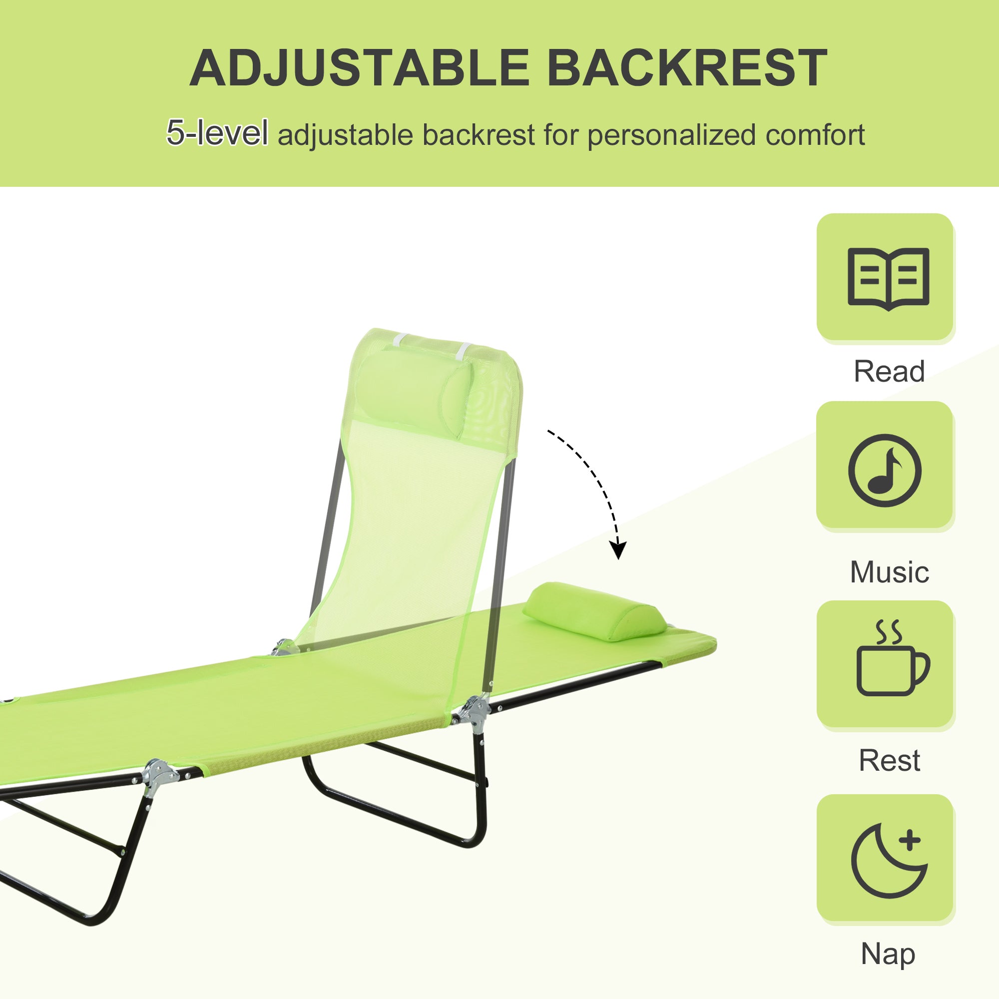 Folding Chaise Lounge Chair, Pool Sun Tanning Chair, Outdoor Lounge Chair with Reclining Back, Breathable Mesh Seat, Headrest for Beach, Yard, Patio, Green