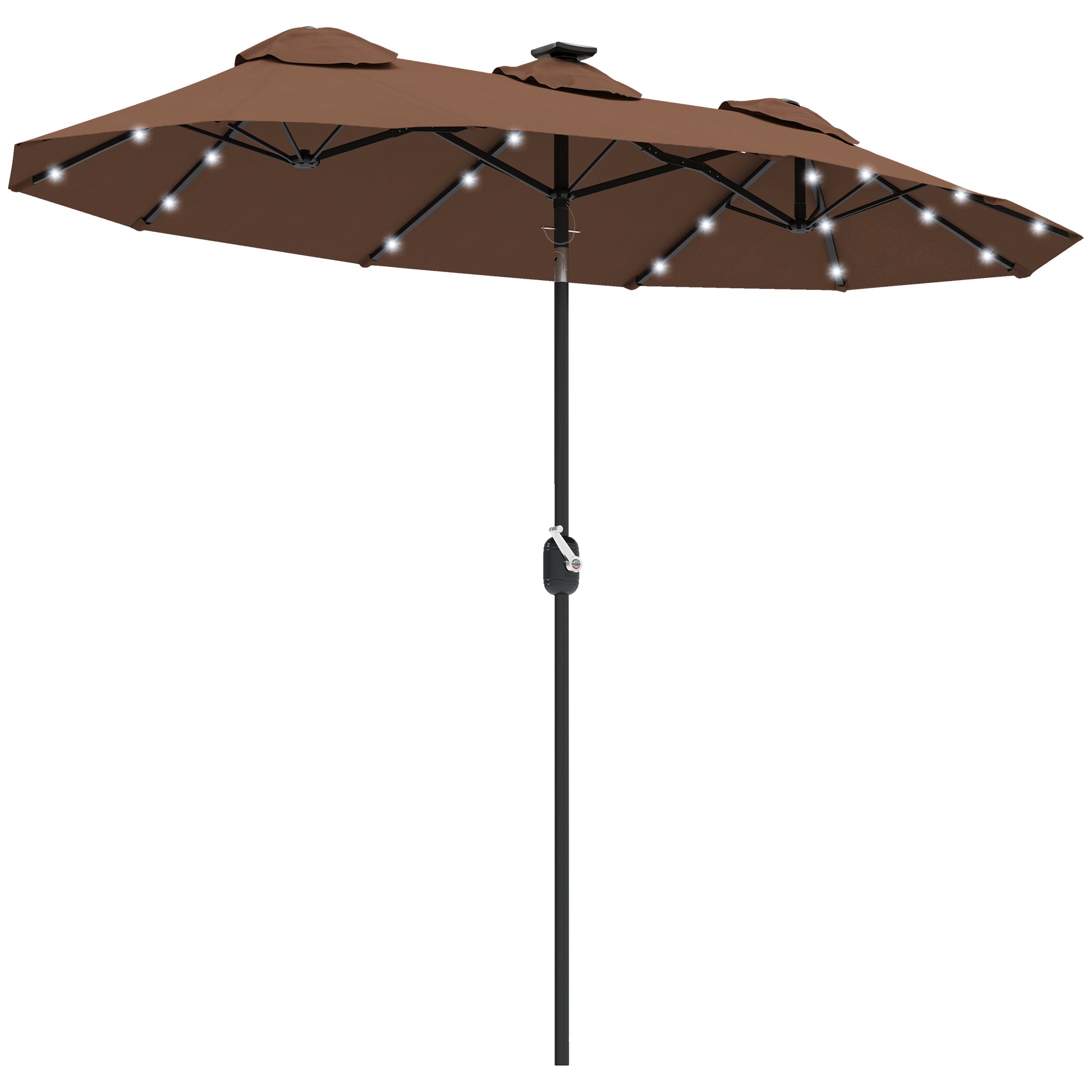 Double-sided Patio Umbrella, 9.7 ft. Outdoor Umbrella with 45-Degree Tilt and Crank, LED Solar Light and 12 Ribs, Coffee
