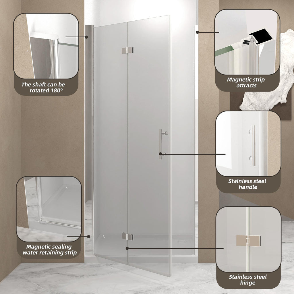 36" Bifold Shower Door with Safety Film and Water-Blocking Strips, Bathroom Door with Stainless Steel Handle, 36" L x 0.5" W x 72" H, Chrome