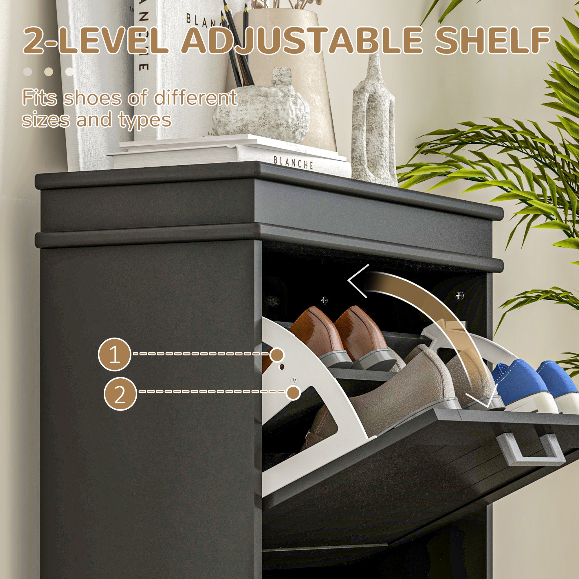Modern Shoe Storage Cabinet with 2 Flip Drawers for 10 Pairs, Narrow Shoe Organizer for Entryway, Hallway, Black