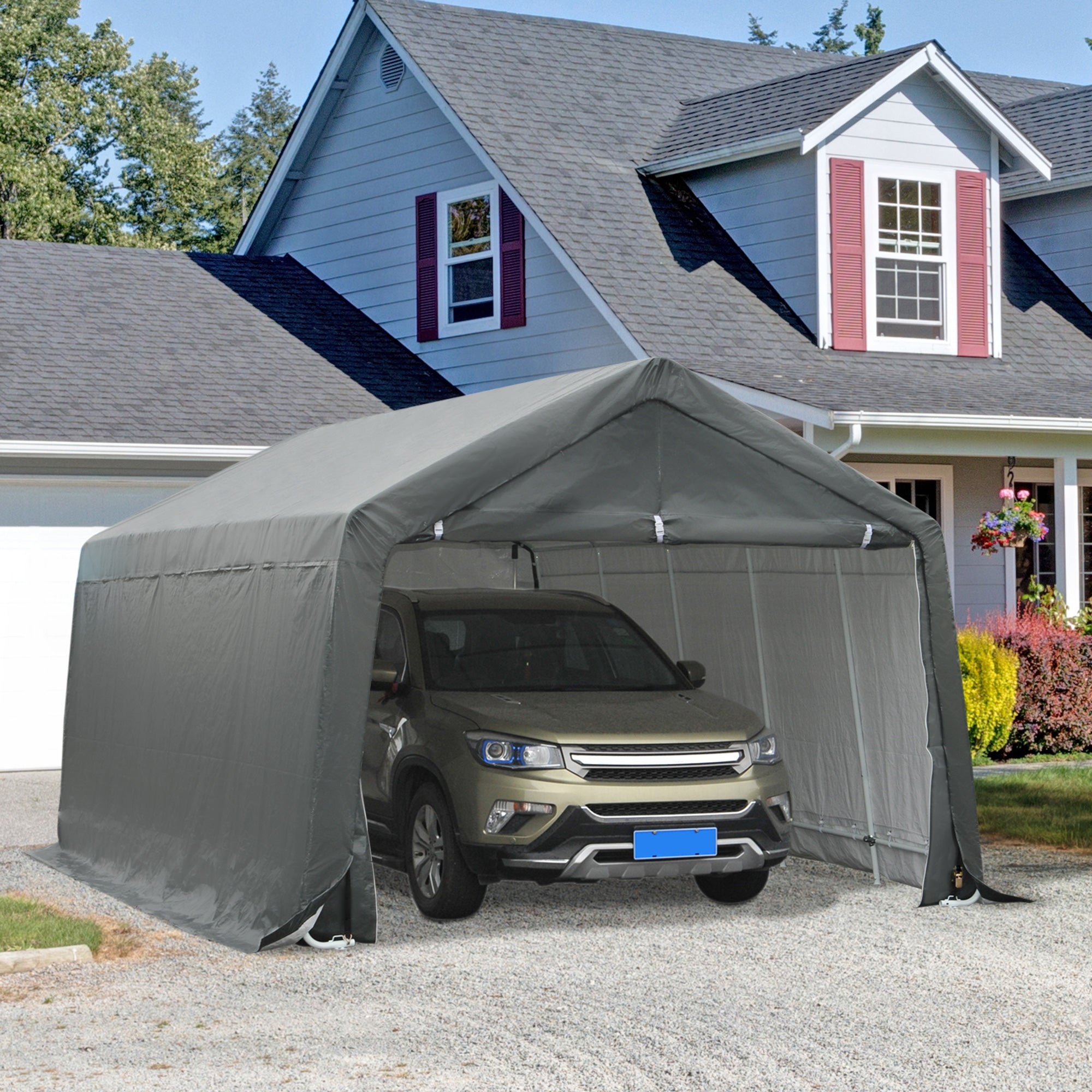 12' x 20' Carport Portable Garage, Heavy Duty Storage Tent, Patio Storage Shelter w/ Anti-UV PE Cover, Gray