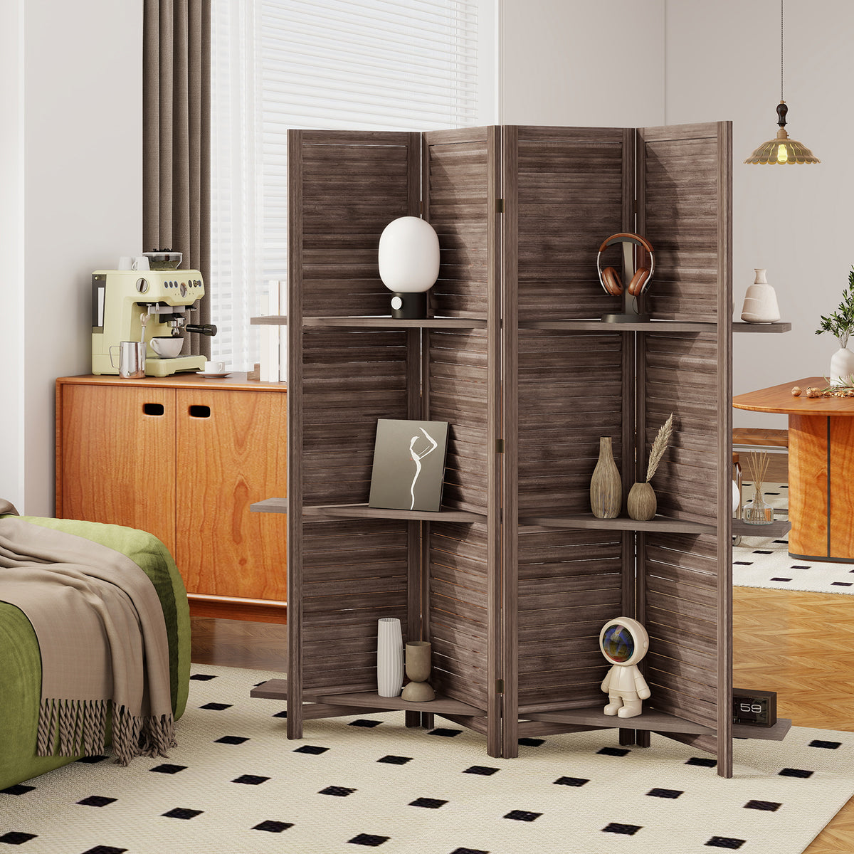 4 Panel 67" Tall Wood Privacy Screen Room Divider with 3 Shelves and Folding Storage for Bedroom, Walnut