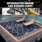 Reversible Outdoor Rug Carpet with LED Lights, 12' x 9' PP Straw Rug with Carry Bag and Ground Stakes