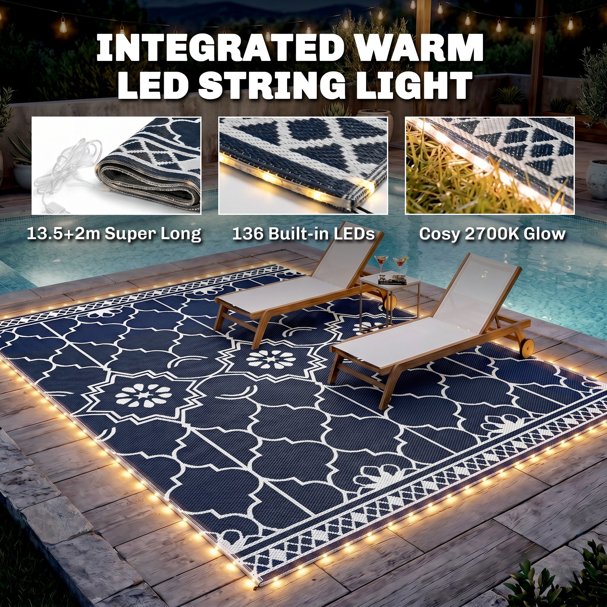 Reversible Outdoor Rug Carpet with LED Lights, 12' x 9' PP Straw Rug with Carry Bag and Ground Stakes