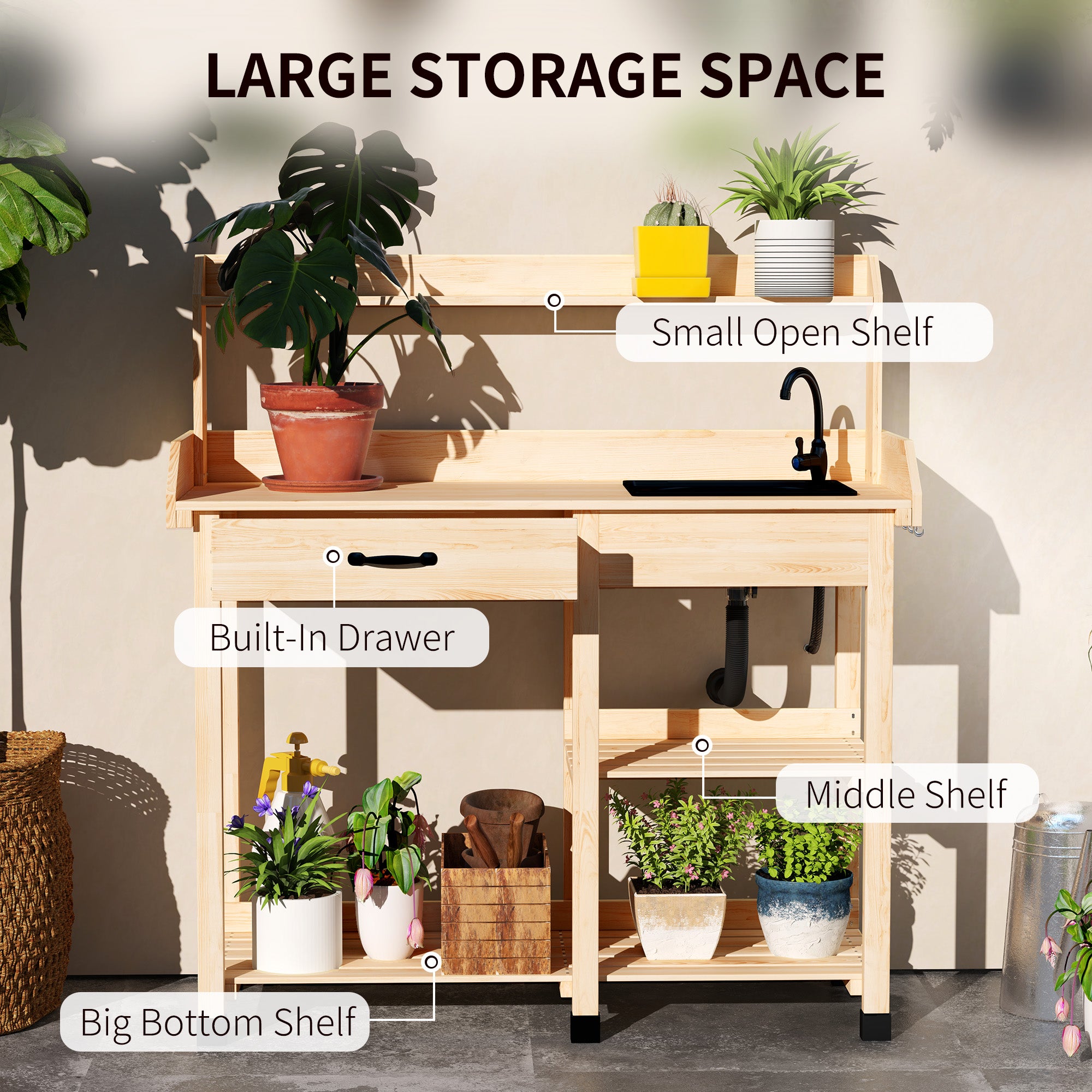 Potting Bench Table, Outdoor Garden Table Wooden Work Station with Removable Sink, Faucet, Drawer, Shelves, Hooks, Natural Wood