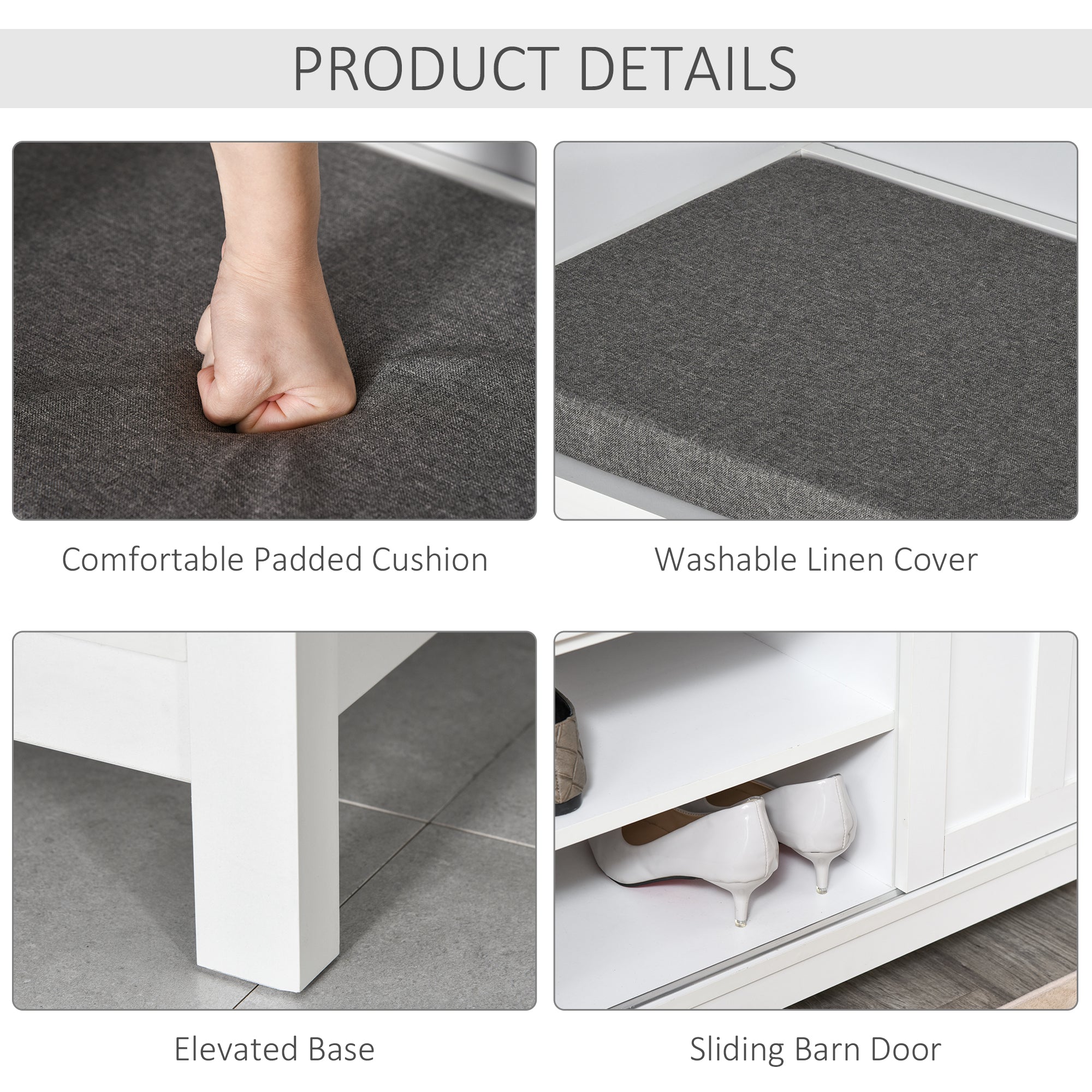 Entryway Shoe Bench Storage Ottoman with Sliding Doors, Adjustable Shelving, 6 Compartments, and Padded Seat, Holds 10 Pairs, White