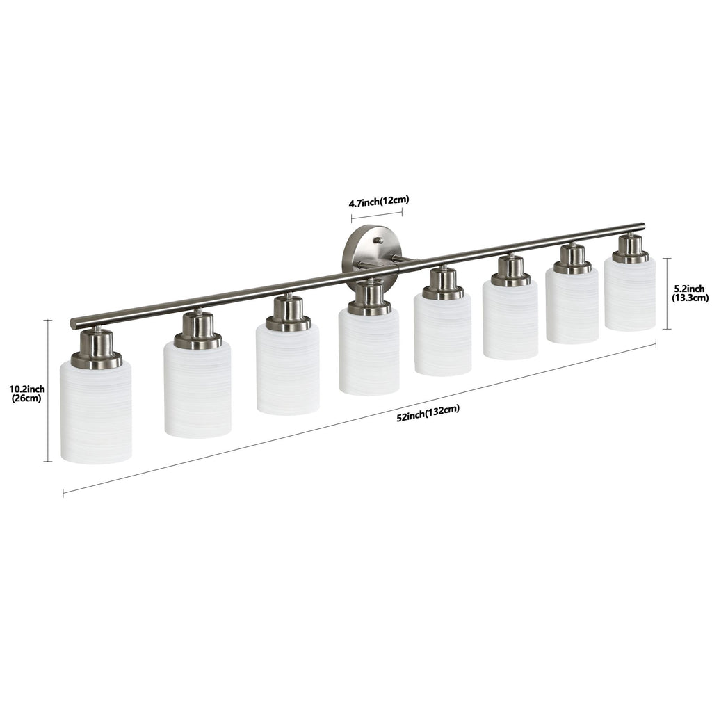 52" 8-Light Vanity Wall Sconce with Frosted Glass Shades, Brushed Nickel Finish, Ideal for Bathroom, Hallway, 52" L x 6.5" W x 10" H, Silver