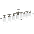 52" 8-Light Vanity Wall Sconce with Frosted Glass Shades, Brushed Nickel Finish, Ideal for Bathroom, Hallway, 52" L x 6.5" W x 10" H, Silver