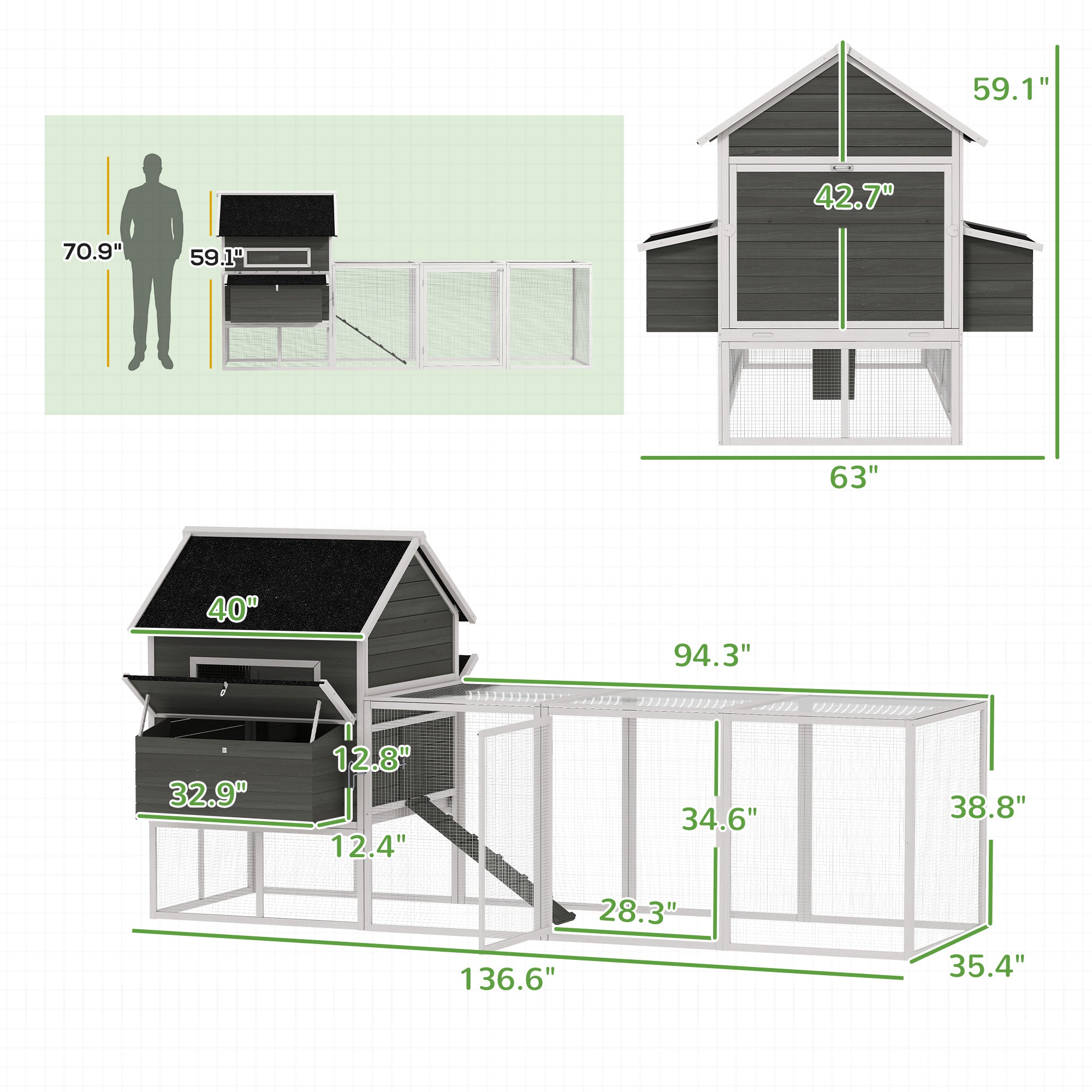 137" Wooden Chicken Coop for 4-6 Chickens, Backyard, Dark Gray