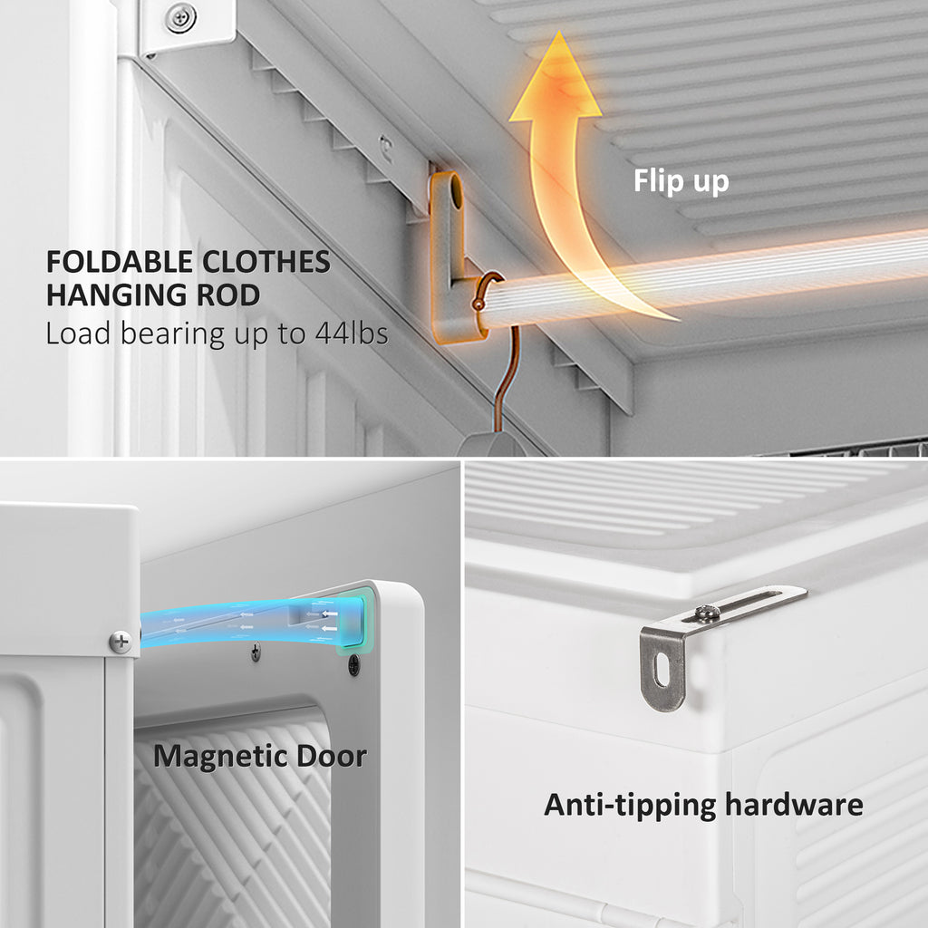 Portable Wardrobe Closet, Folding Clothes Storage Organizer with 8 Cube Compartments, 2 Hanging Rods, 11 Magnet Doors, White