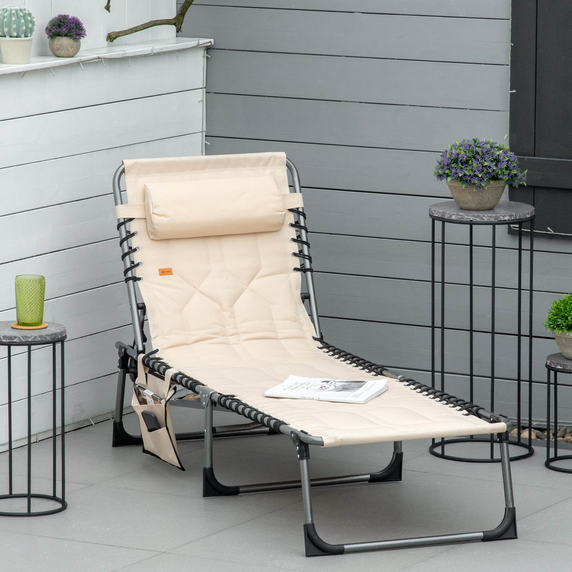 Padded Folding Chaise Lounge Chair, Outdoor 6-Level Reclining Camping Tanning Chair with Headrest for Beach, Yard, Patio, Pool, Beige