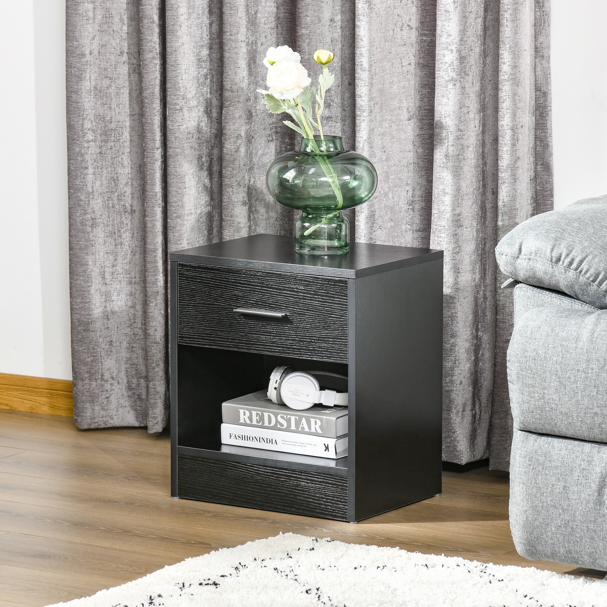 Side Table with Drawer and Storage Shelf, End Table with Storage, Set of 2, Black Wood Grain