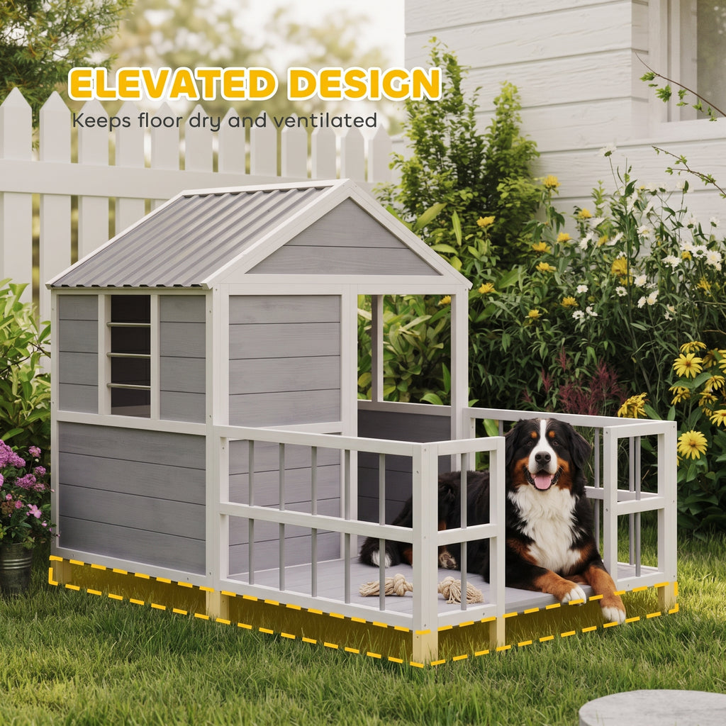 Outdoor Dog House, 61"L Wooden Dog House with Porch, Weatherproof Roof, Elevated Base, Air Vents & Observation Windows