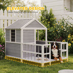 Outdoor Dog House, 61"L Wooden Dog House with Porch, Weatherproof Roof, Elevated Base, Air Vents & Observation Windows