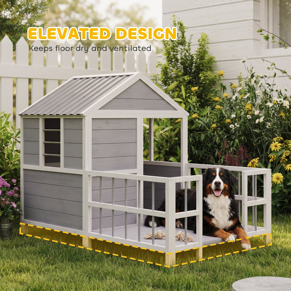 Outdoor Dog House, 61"L Wooden Dog House with Porch, Weatherproof Roof, Elevated Base, Air Vents & Observation Windows