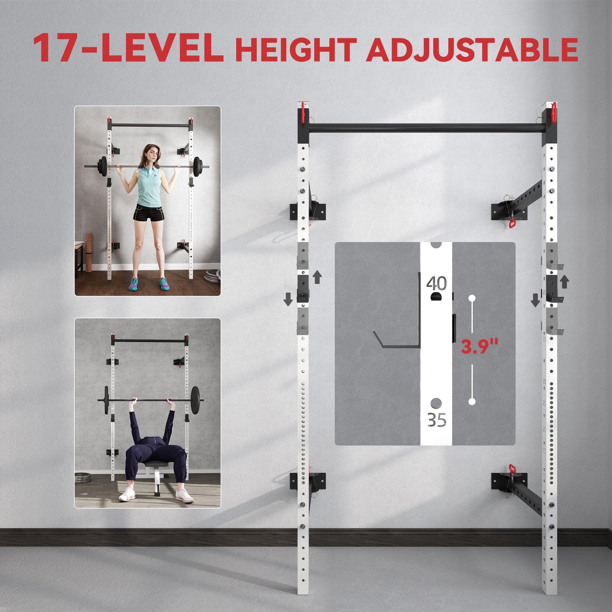 Folding Squat Rack with Pull Up Bar, Wall Mounted and Adjustable, 1000 Pounds Capacity Power Rack, White