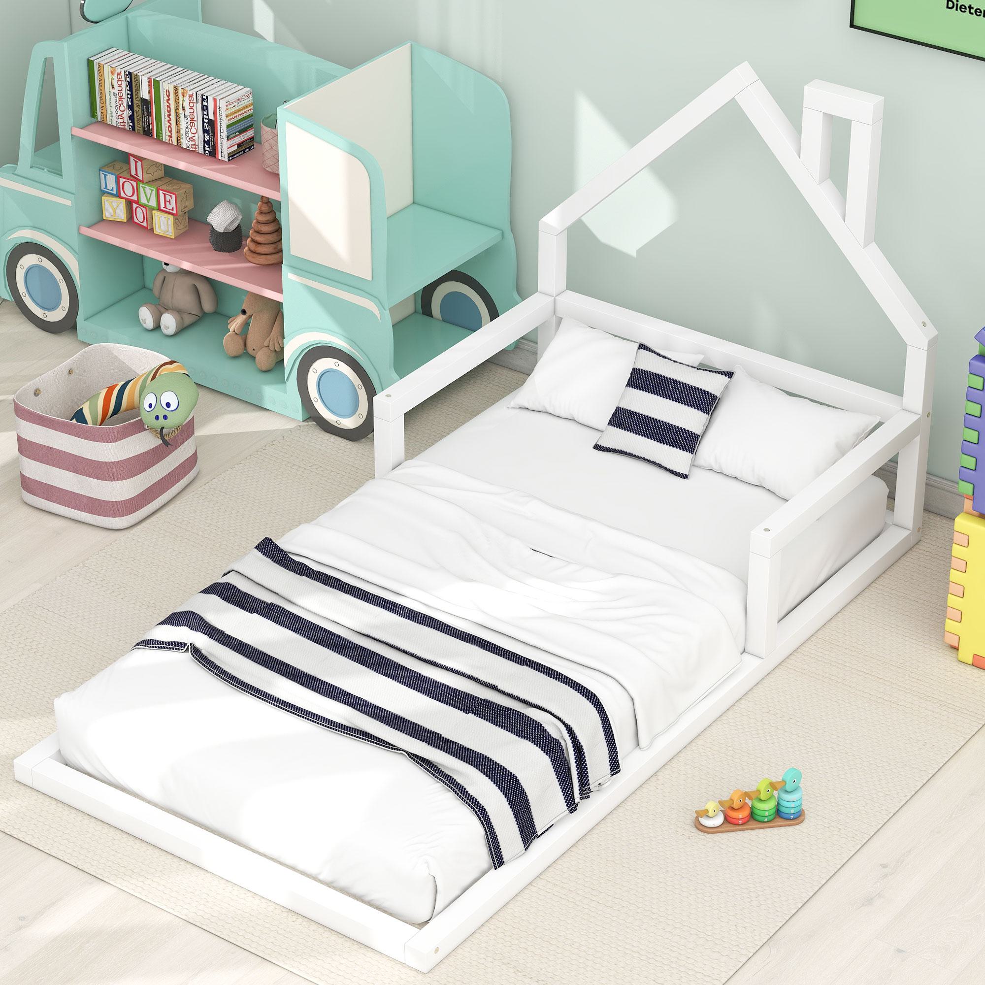 Twin Size Wood Floor Bed with House-Shaped Headboard, Sturdy Wood Construction, No Box Spring Needed, 78" L x 41.5" W x 39" H, White