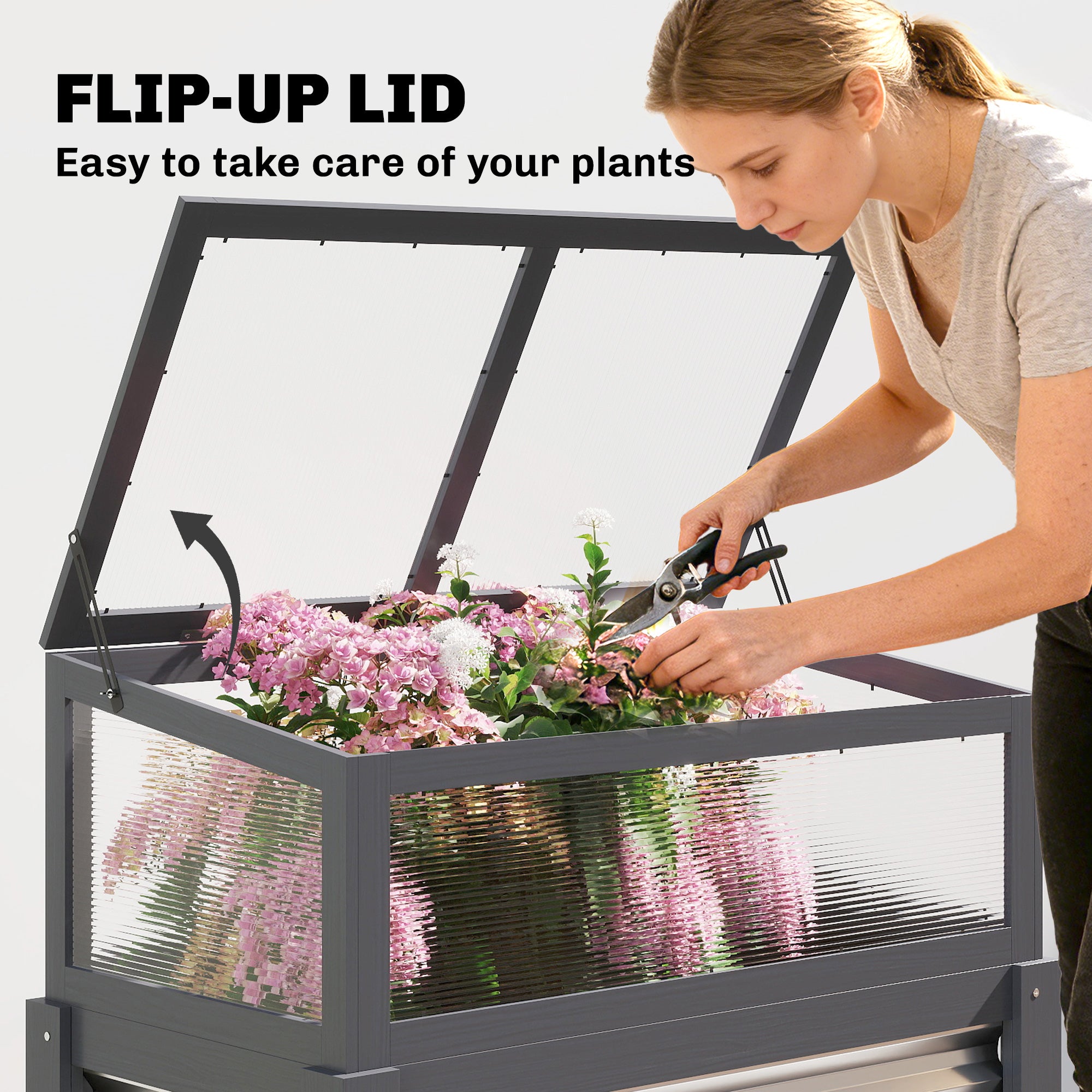 Raised Garden Bed with Flip-Up Mini Greenhouse, Elevated Planter Box with Legs and Bed Liner for Flowers, Vegetables