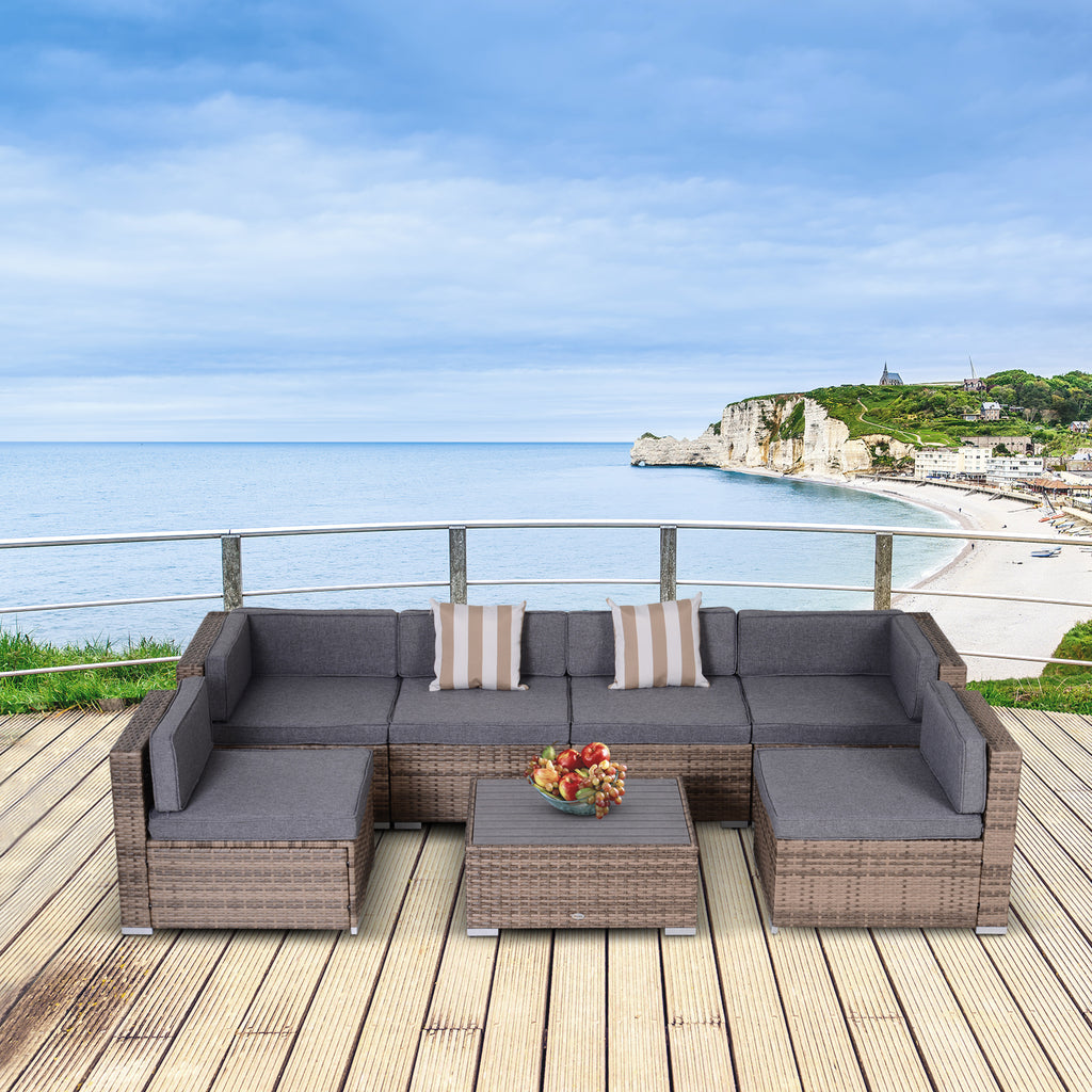 Modern Rattan Patio Furniture Set, 7-Piece Outdoor Wicker Sofa Set with Cushions for Home & Family Gatherings, Gray