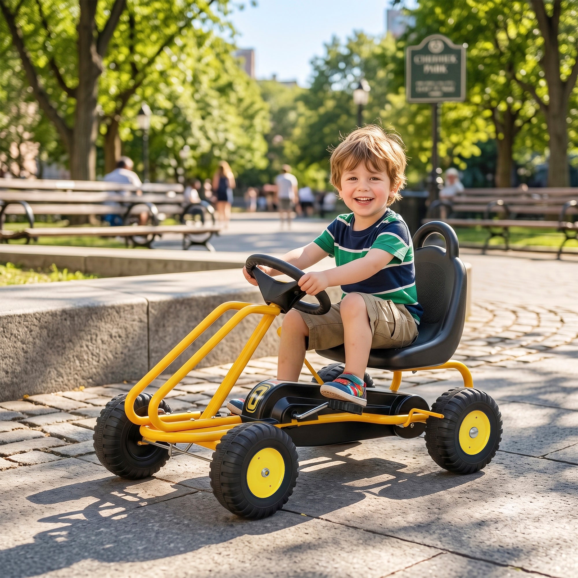 Go Kart for Kids, 4 Wheel Pedal Go Cart with Adjustable Seat, Safety Hand Brake for Boys Girls 3-6 Years, Yellow