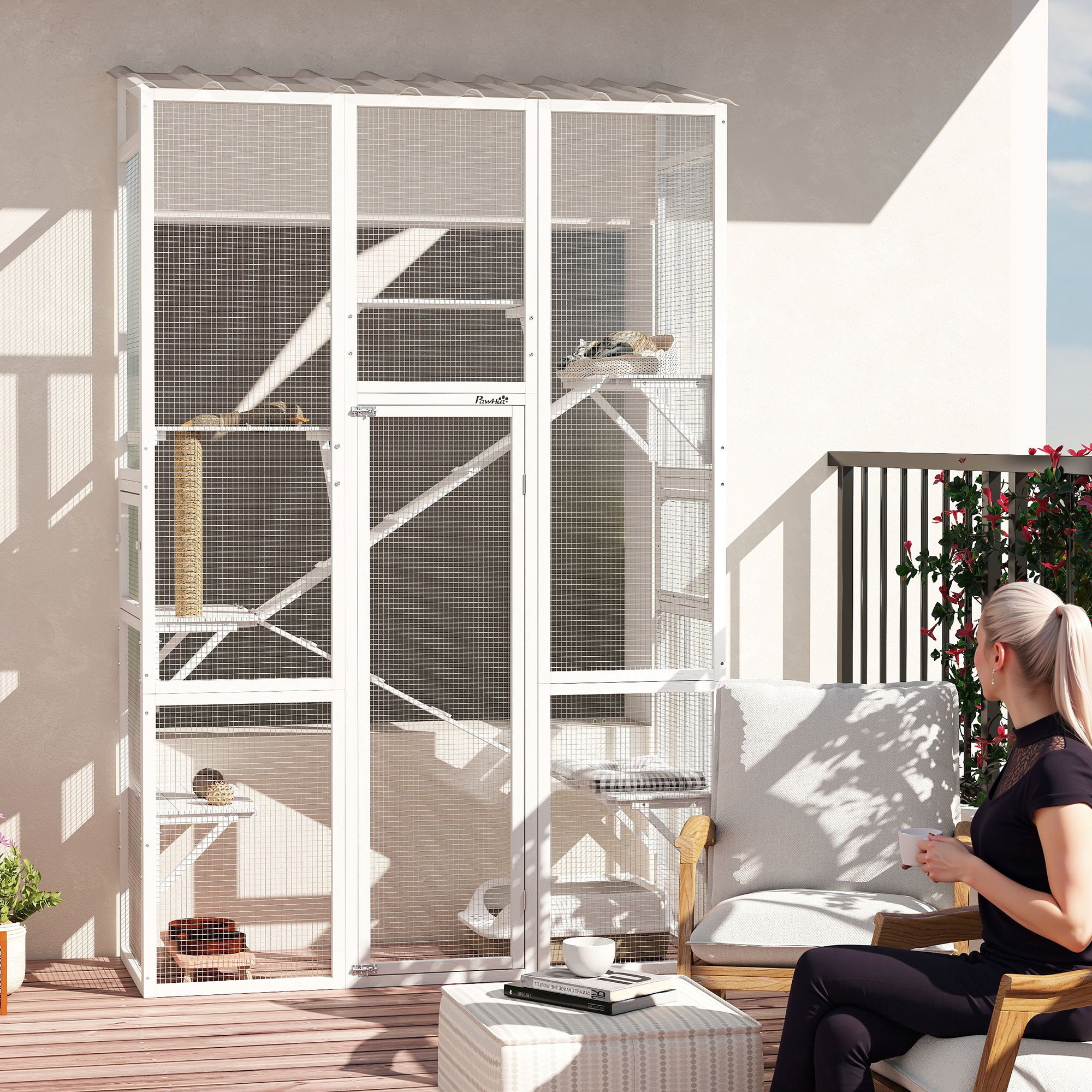 Outdoor Catio Cat Enclosure, Large Wooden Cat House with 6 Jumping Platforms, Scratching Post, 2 Ramps, for 2-3 Kittens